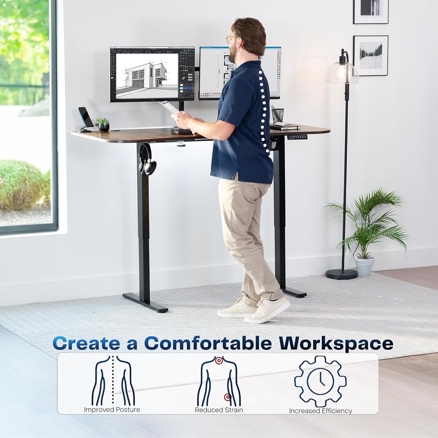 VIVO Electric 63 x 32 in Rustic Standing Desk, Memory Height Adjustment, 1B Series, Vintage Brown Top Black Frame, DESK-KIT-1B1N
