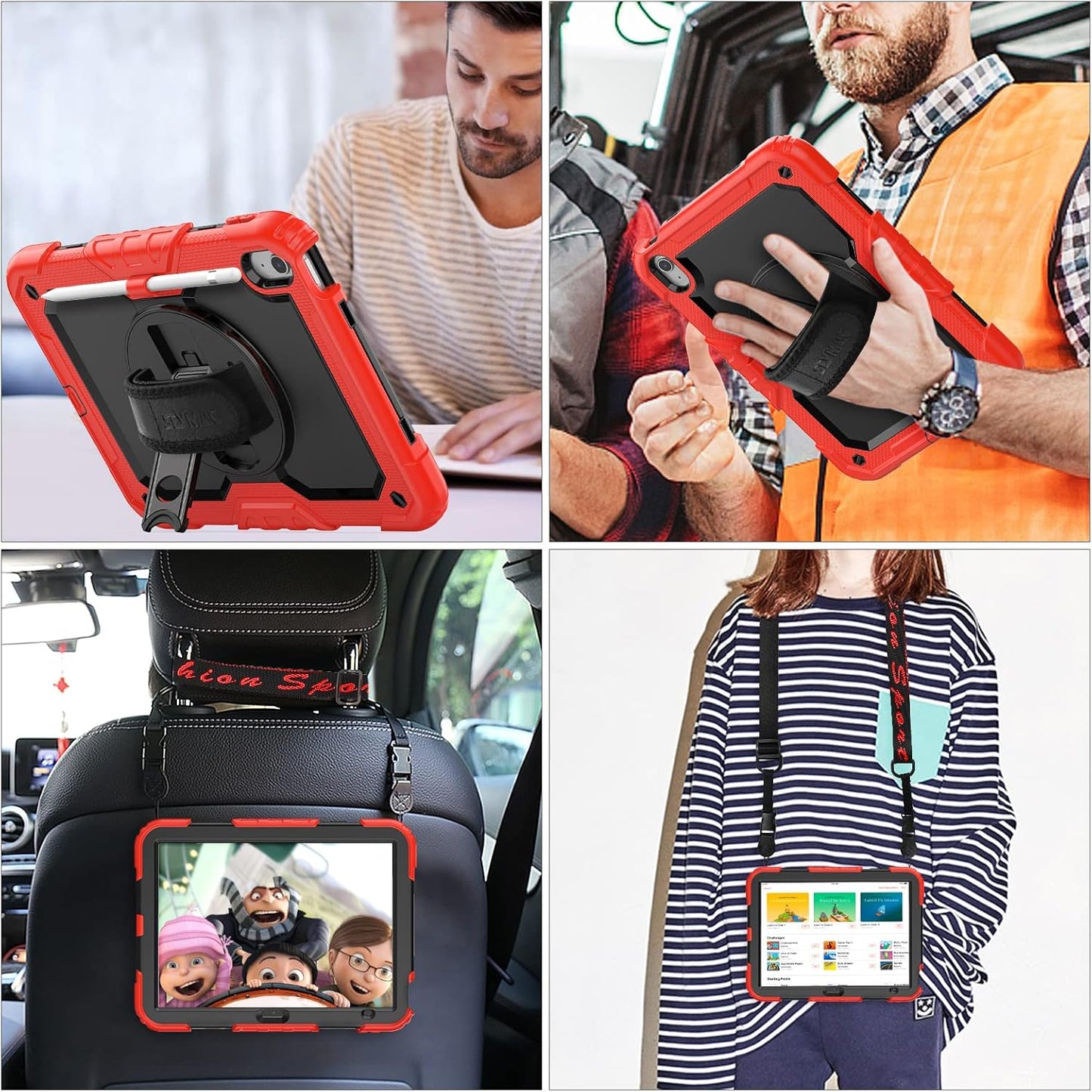 SEYMAC stock Case for iPad (A16) 11th/10th Generation 11''/10.9'' 2025/2022, Full-Body Drop Protection Case with Screen Protector &360° Rotate Hand Strap/Stand, Black+Red