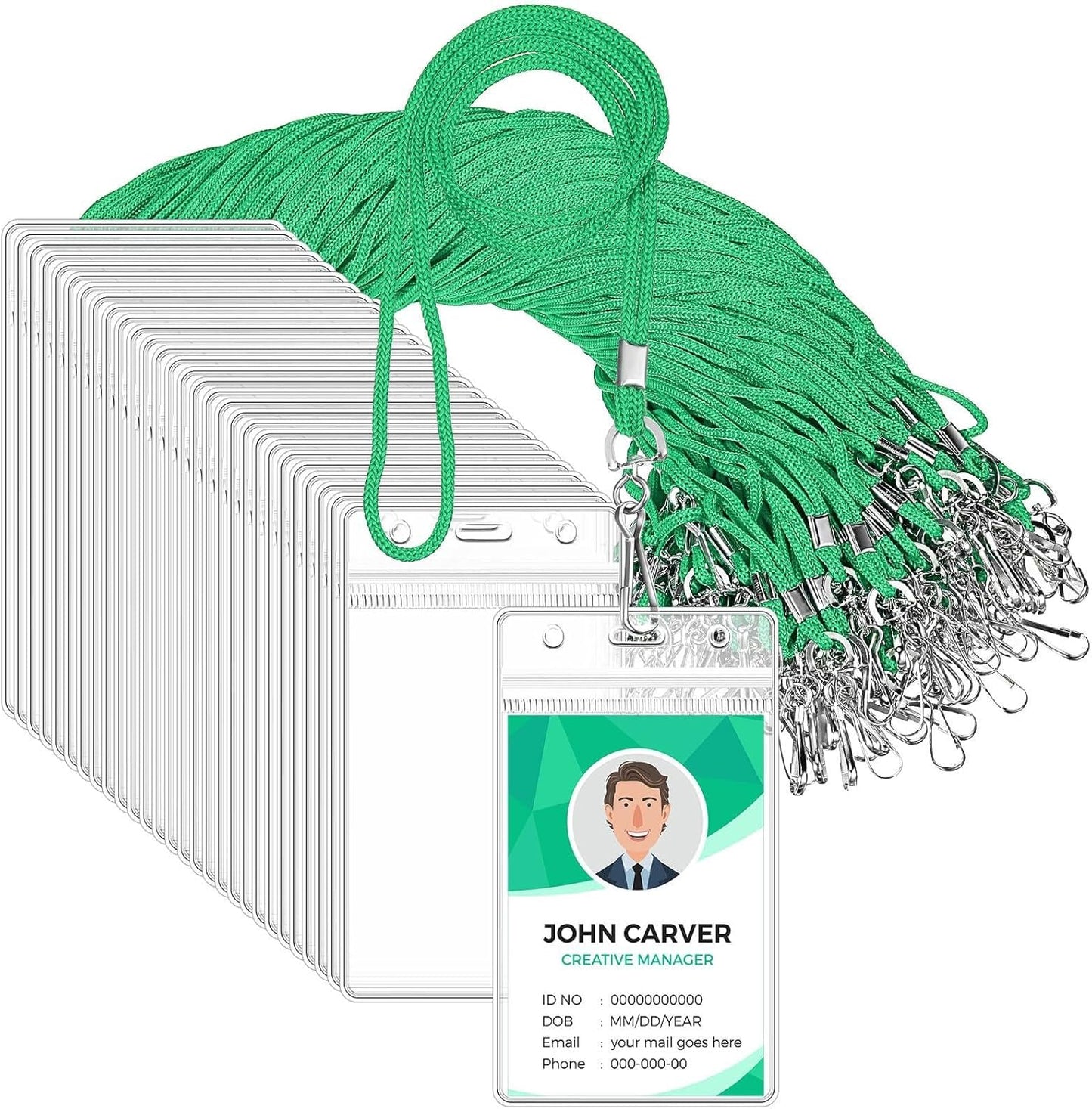 Marspark 100 Pieces Lanyards for ID Badges Name Tag Lanyards Bulk Neck Lanyard Badge Holder for Reel ID Card Name Badge Holder Waterproof Plastic Resealable Card Sleeves Hook Cords(Green)