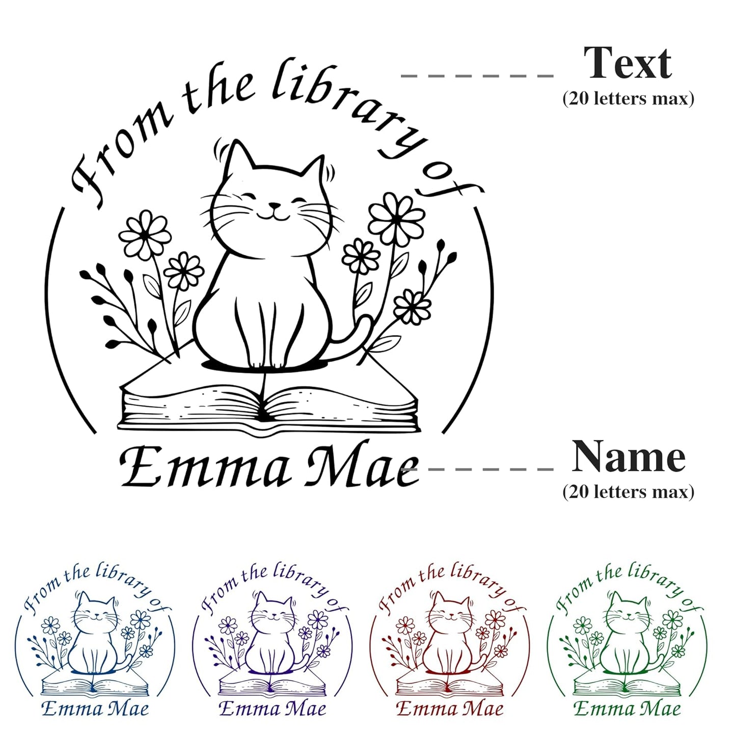 Cat Flower Book Embosser Custom Embosser Stamp with Your Name and Kitty Personalized Library Embosser Stamp Customized Books Business Cards Paper Documents Notebooks etc. (Cute Cat - 01)