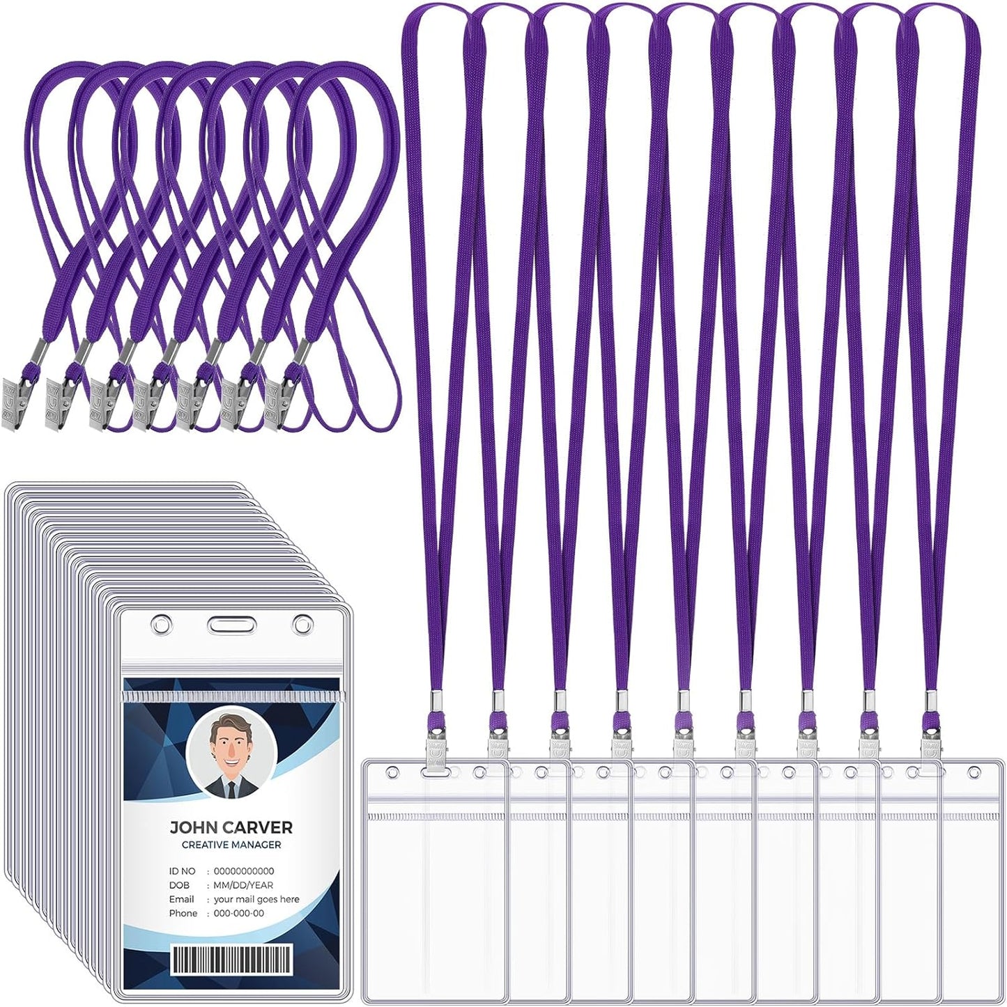 Marspark 100 Pcs Name Tag Lanyards with ID Holder Lanyards for ID Badges Resealable Flat Neck Name Tag with Clip Waterproof Plastic Clear Badges Bulk for School Office Supplies (Purple)