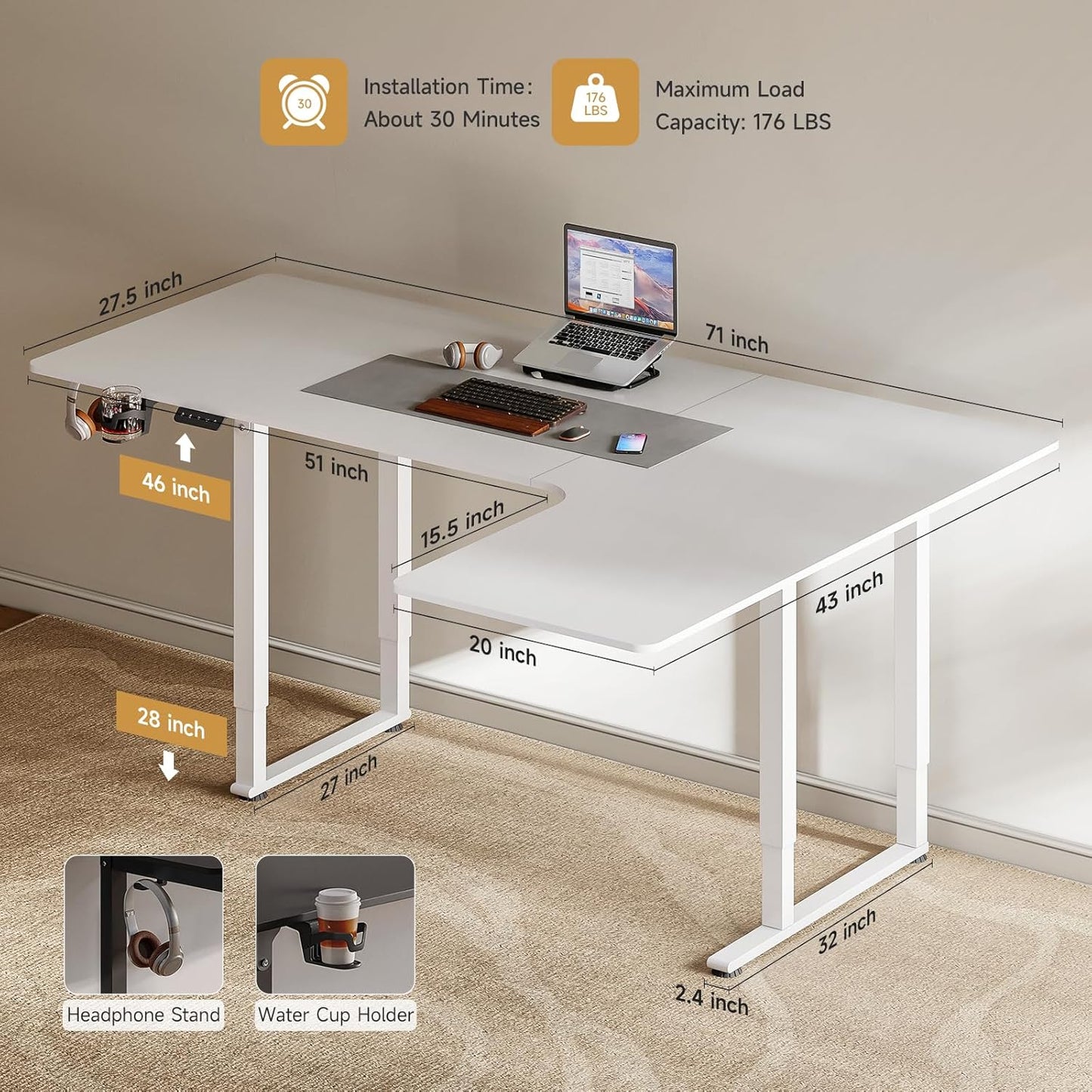 L Shaped Standing Desk, 71x43 Inches Electric L Stand Up Desk with 4 Legs, Dual Motor and Memory Controller, Adjustable Height from 28-46 Inches for Home and Computer Workstation, White