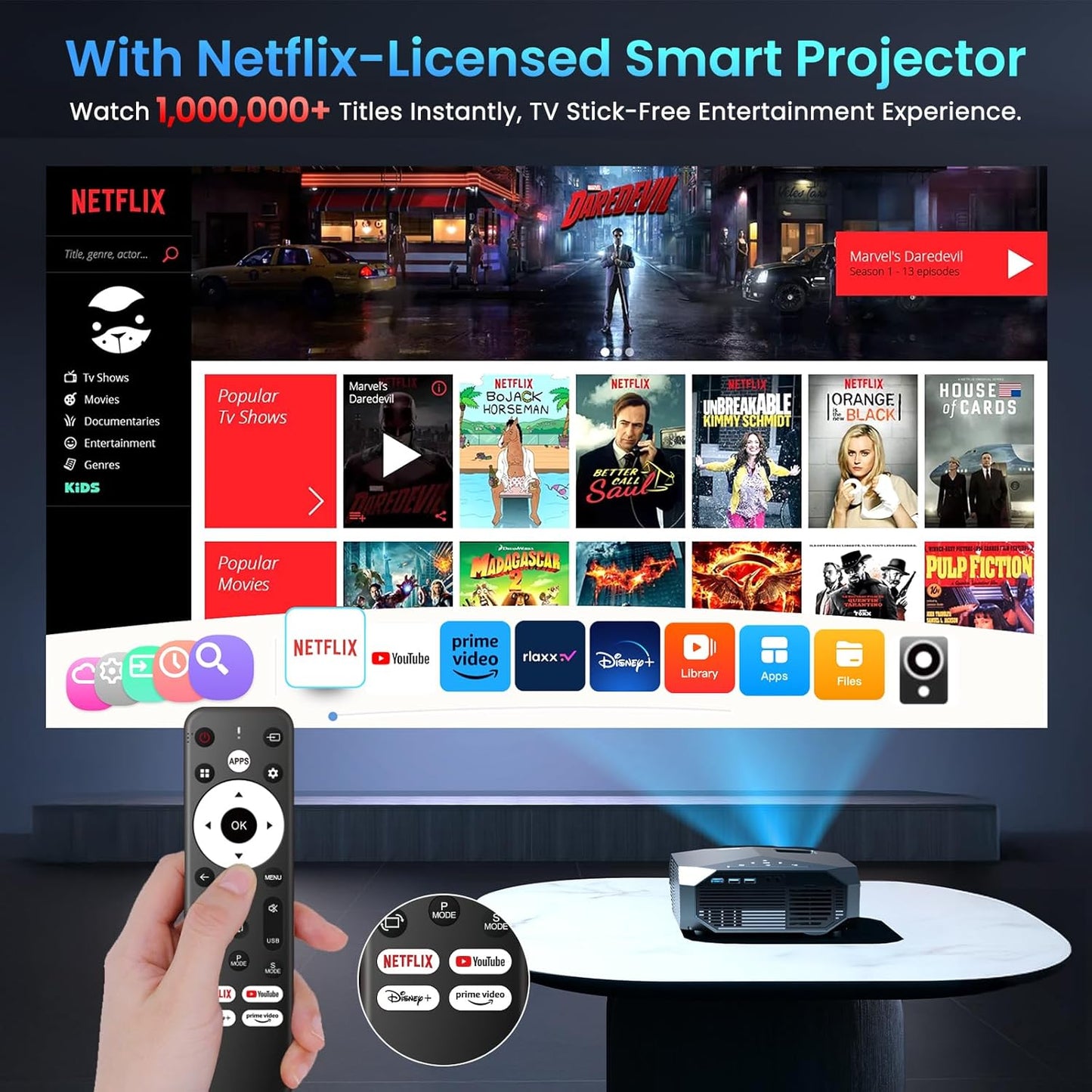 [Netflix Officially/High Brightness] Smart Projector with WiFi 6 and Bluetooth 5.3, 4K Outdoor Movie Projector with NETFLIX/Prime Video/YouTube, Portable Proyector Compatible with HDMI/USB/iOS/Android
