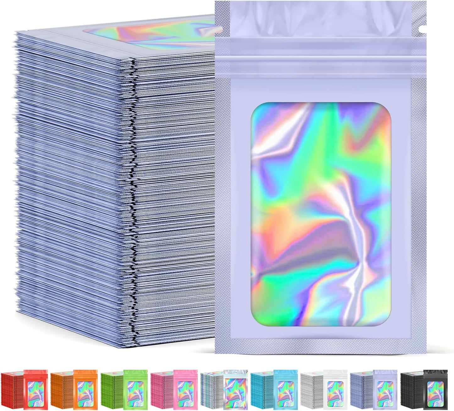 300 Pcs Mylar Bags, Smell Proof Bags Foil Pouch, Holographic Resealable Bags for Small Business, Candy Sample Jewelry Bag Sealable Packaging for Party Favor Food Storage (5.5x7.9in-Purple)