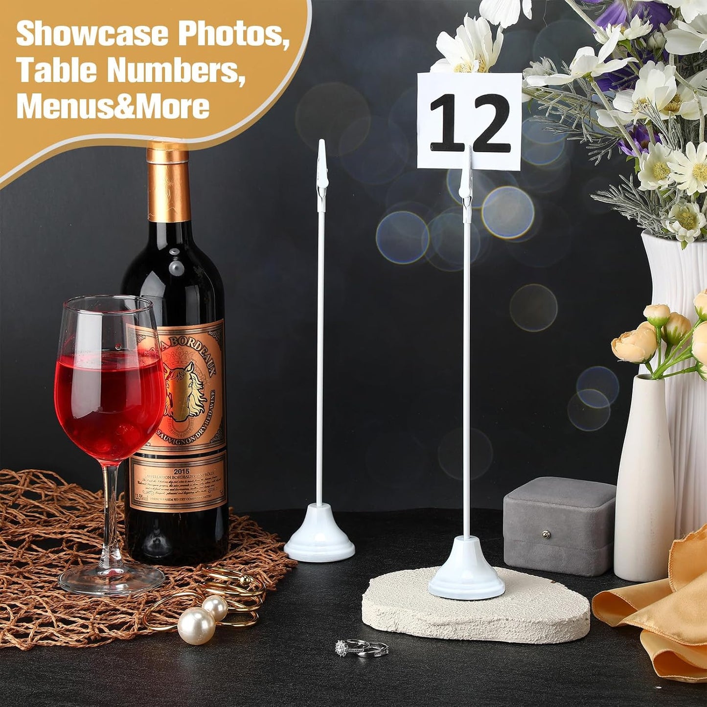 12 Pcs Table Number Holders 12 Inch Place Card Holder with Alligator Clip Metal Place Card Stands Table Sign for Photos, Food Signs, Birthdays, Weddings(White)