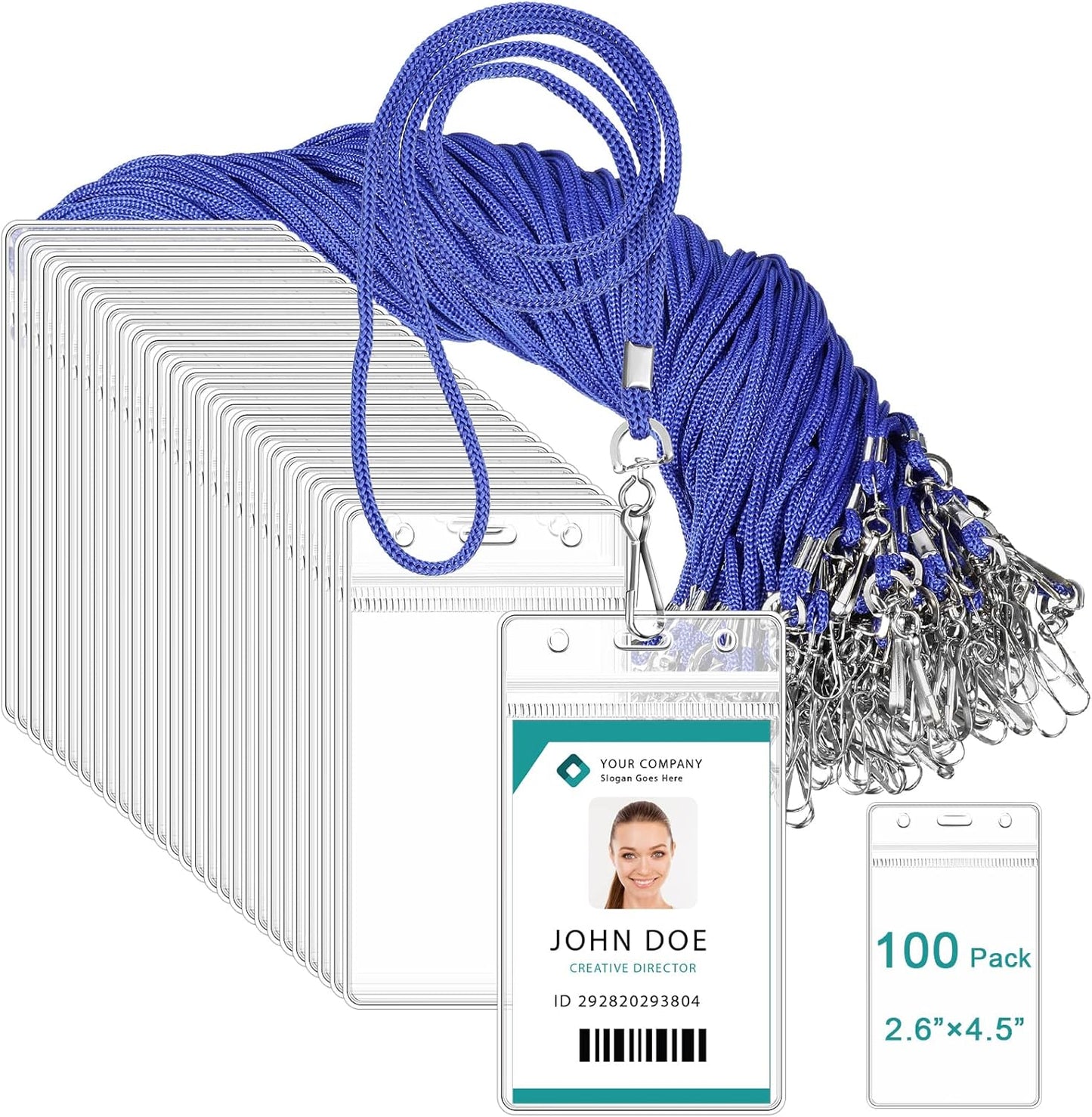 Marspark 100 Pieces Lanyards for ID Badges Name Tag Lanyards Bulk Neck Lanyard Badge Holder for Reel ID Card Name Badge Holder Waterproof Plastic Resealable Card Sleeves Hook Cords(Royal Blue)