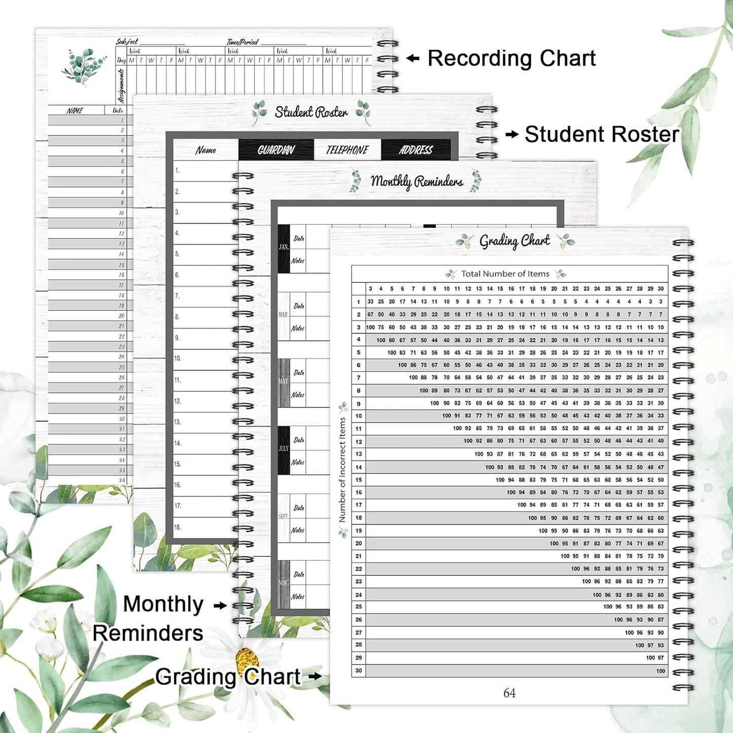 Faccito 8.3'' x 11'' Teacher Record Book 2025 Grade Book Undated Attendance Register Class Student Roster Monthly Reminder Grading Chart Gift for Elementary Classroom School Office(Farmhouse Style)
