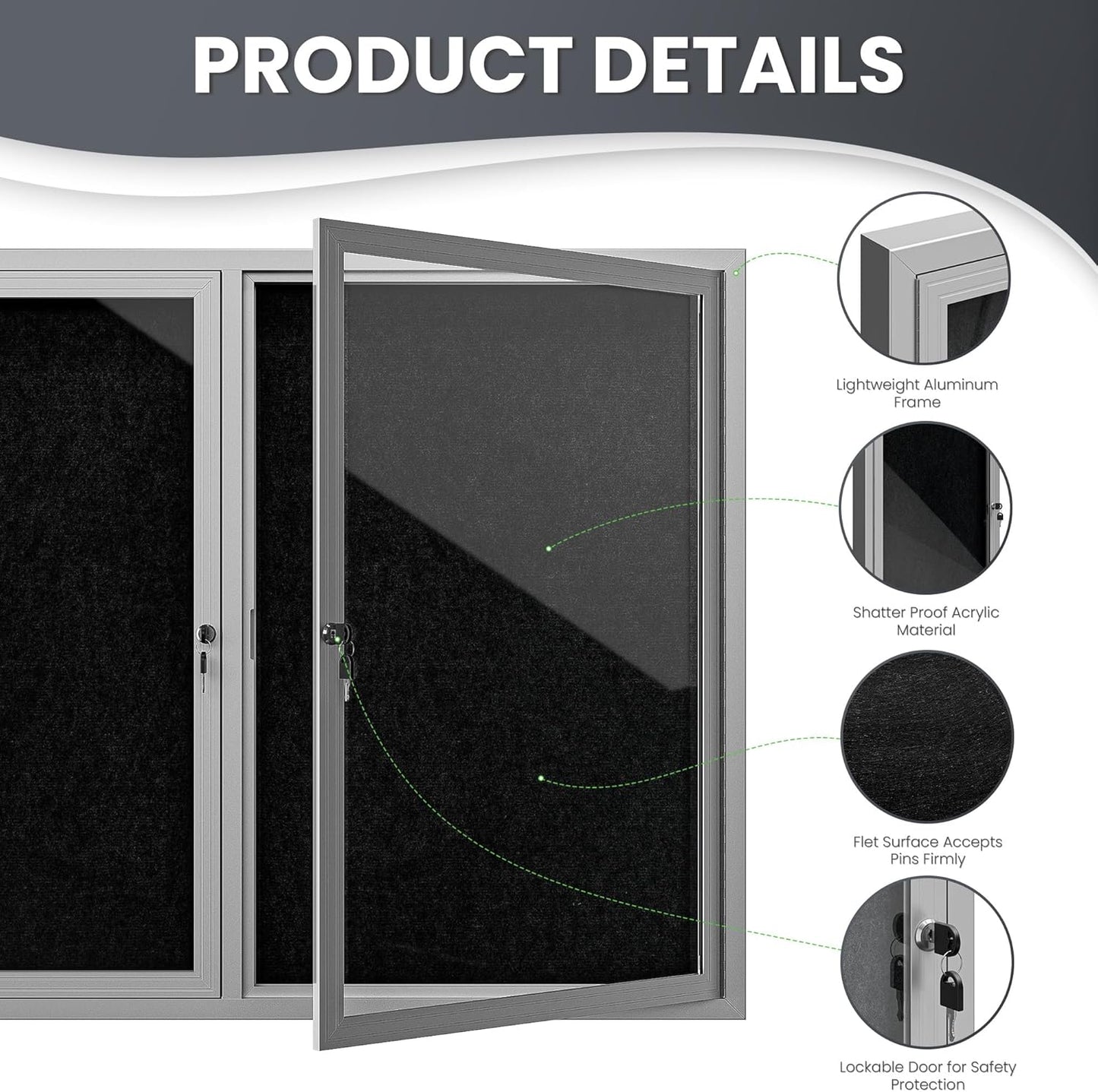 72"x36" Lockable Enclosed Bulletin Board, Outdoor Flet Weather-Resistant Aluminum Frame Notice Board, Wall Mounted Display Case Acrylic Doors for School,Office,Silver Frame w/Black Flet