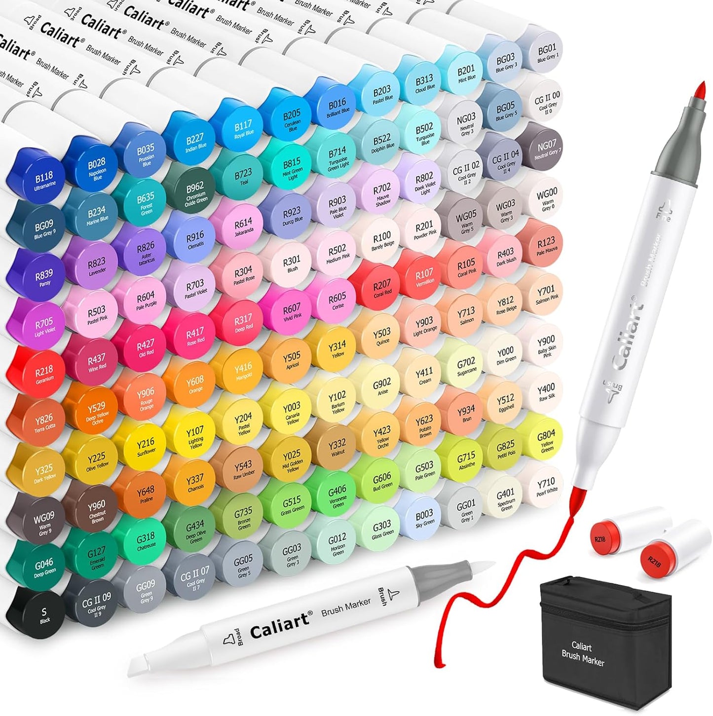 Caliart Alcohol Markers Brush Tip, 121 Colors Dual Tip Coloring Marker Pen Set Brush & Fine, Art Supplies Kit Gift for Adults Coloring Book Artists Sketch Drawing Illustration
