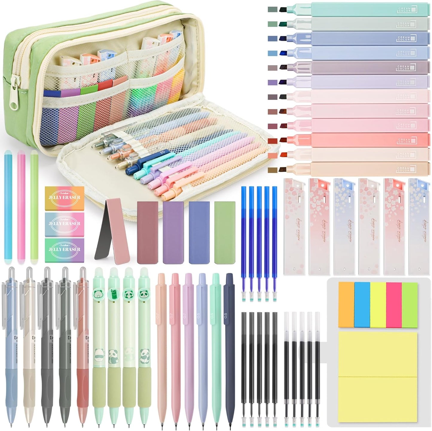 61 PCS Aesthetic School Supplies with Cute Pencil Case, Pastel Highlighters, Gel & Erasable Pens, Mechanical Pencils, Refills, Complete Essentials Stationery Kit for Students (Green)