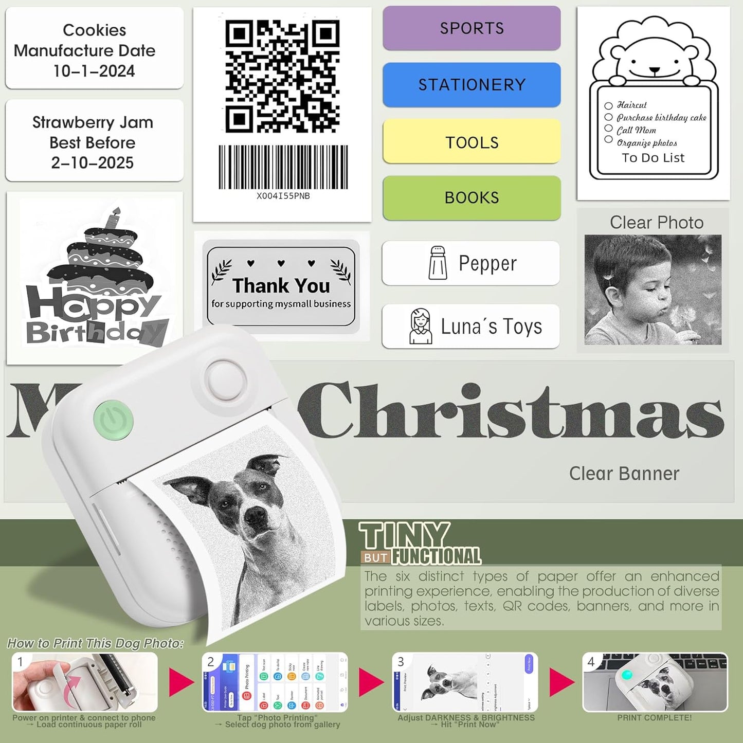 Label Maker Machine with 6 Waterproof Tapes, Thermal Label Maker, Portable Mini Bluetooth Label Printer with Clear Tape for Home, Kitchen, School, Office Organization
