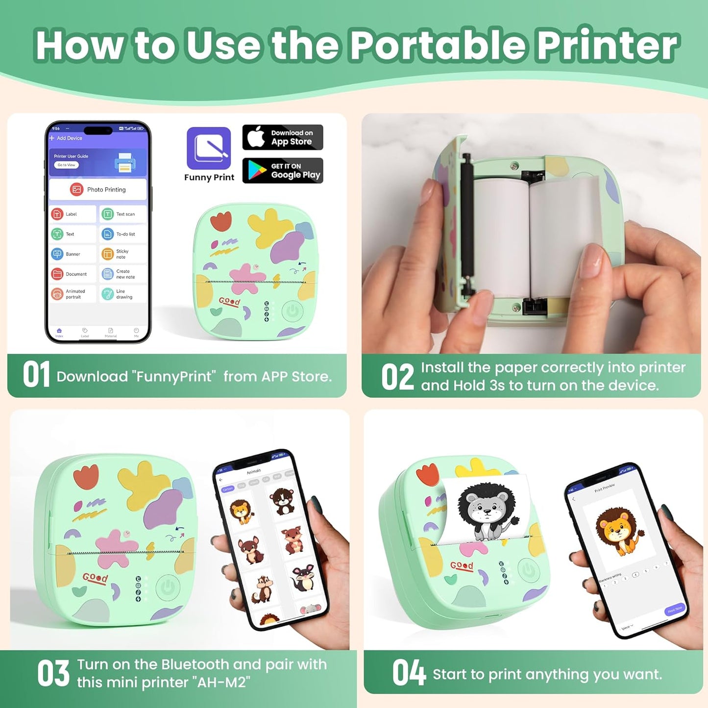 Mini Portable Sticker Printer, Mini Thermal Printer with 3 Rolls Paper, Bluetooth Inkless Printpods, Pocket Label Maker Suitable for Kids Creative DIY, Diaries, Photos, Study Notes-Green