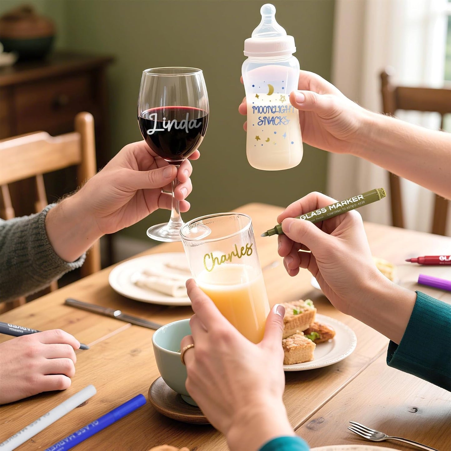Metallic Wine Glass Markers 8Pcs, Non-Toxic, Food-Safe, Dishwasher-Safe, Wine Glass Marker Pens for Ceramic Plates, Parties & Weddings