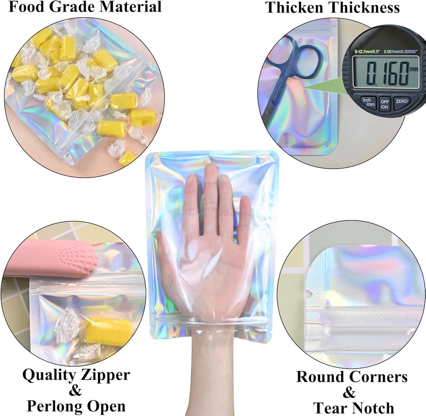 Resealable Mylar Pouch Bag Great for Office Home Party Favor Food Storage (100PCS, Holographic Color, 3.5 x 6.3 inch)