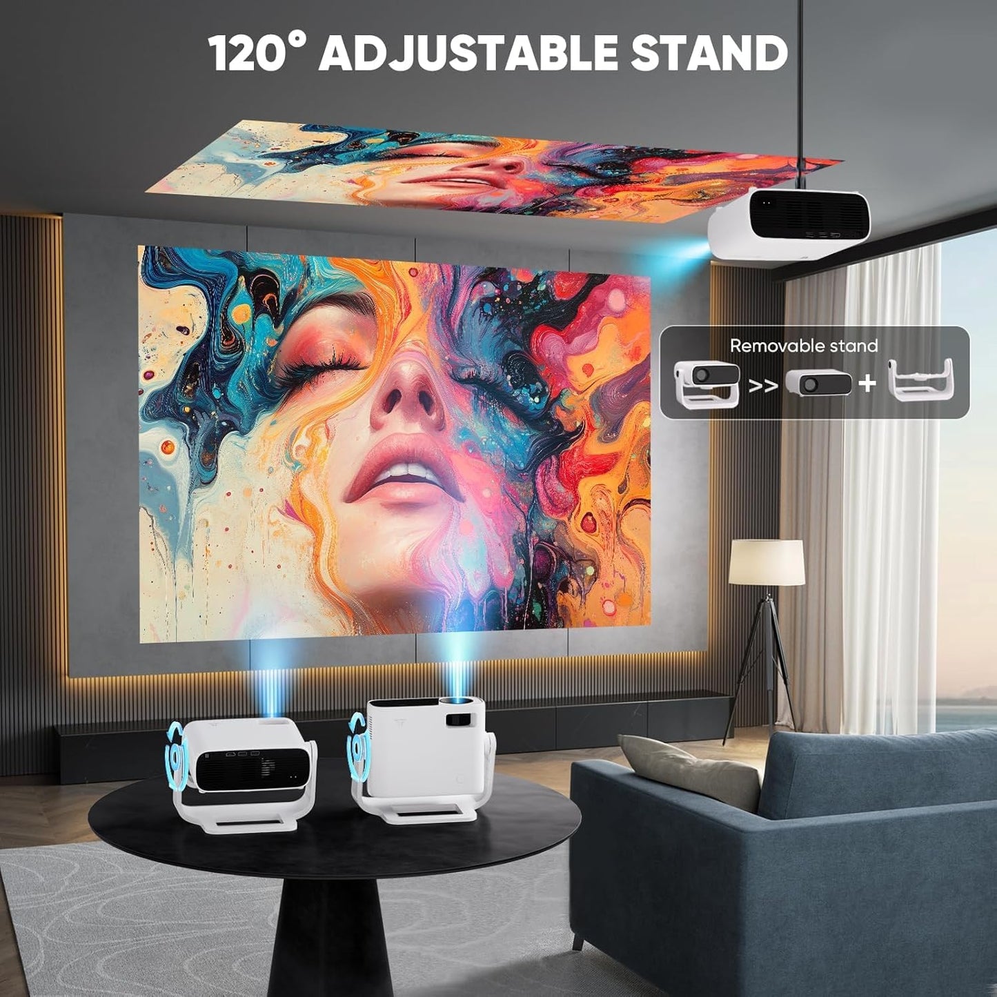 Smart Projector with WiFi 6 and Bluetooth Built-in Apps - 4K Support Portable Mini Projector Native 1080P , 2025 New Auto Keystone & Zoom Home Theater Cinema Movie Proyector, 120° Stand, Grey