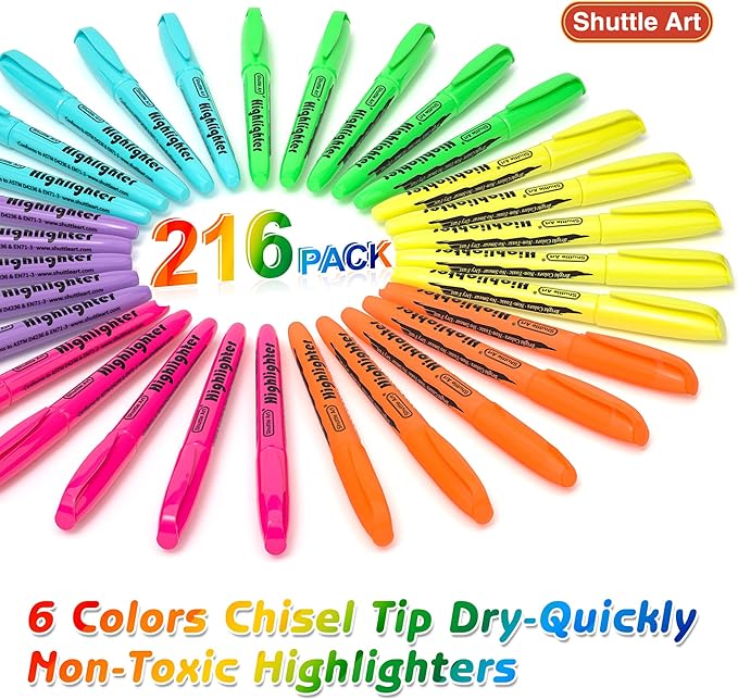 Shuttle Art 216 Pack Highlighters, 6 Bright Colors Chisel Tip Dry-Quickly - Image 2