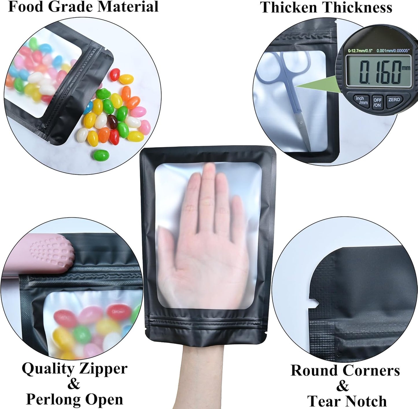 Resealable Mylar Pouch Pen Bags Great for Office Home Party Favor Food Storage Cookies Sample Jewelry Snack (100PCS, Black Color, 4 x 6 inch)