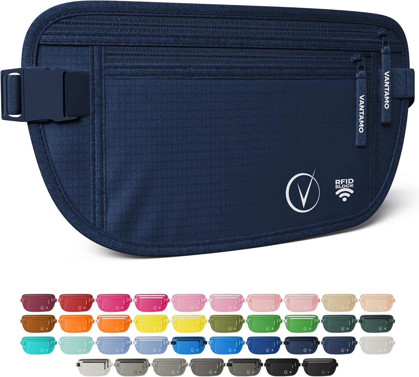 Vantamo Hidden Money Belt For Extra Safety, RFID Ultra-Thin Fanny Pack, 2 Compartment Money Bag Fits Passport & Phone