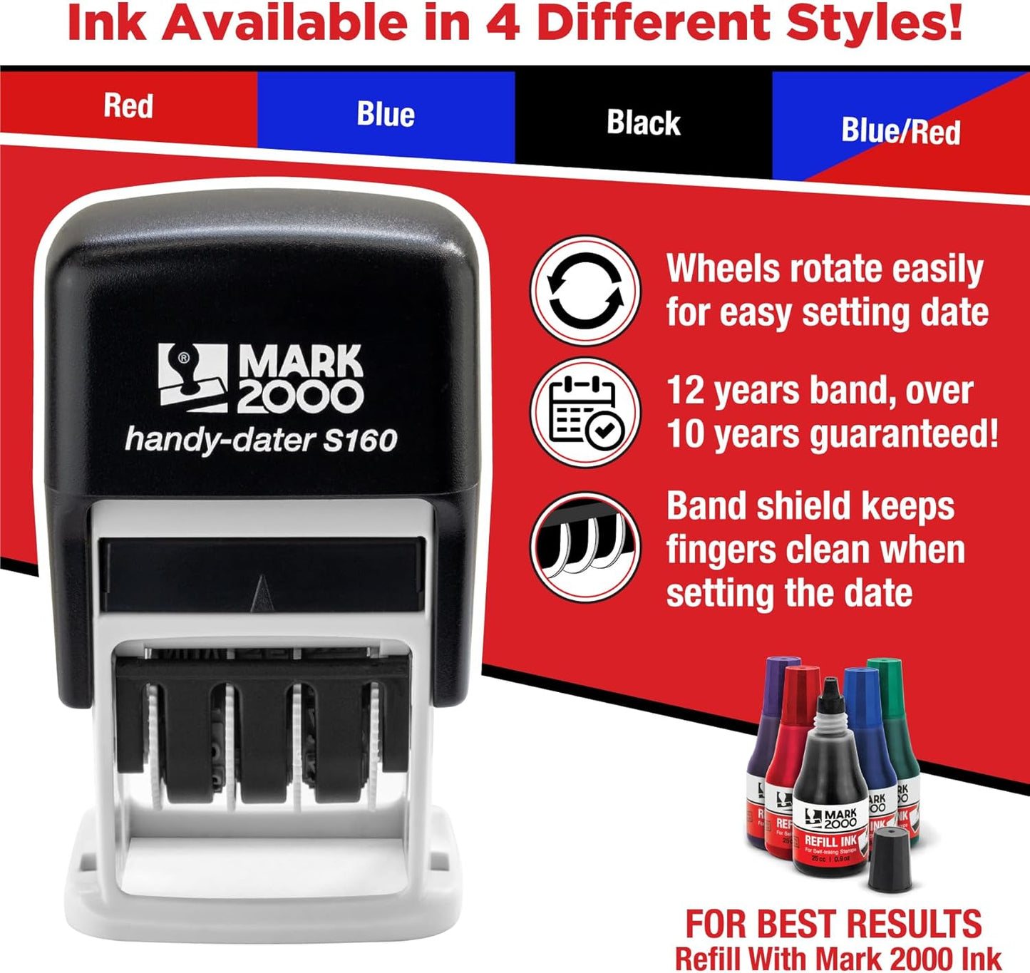 Mark 2000 Self-Inking Rubber Date Office Stamp with Posted Phrase & Date - Red Ink (Handy-Dater S160), 12-Year Band