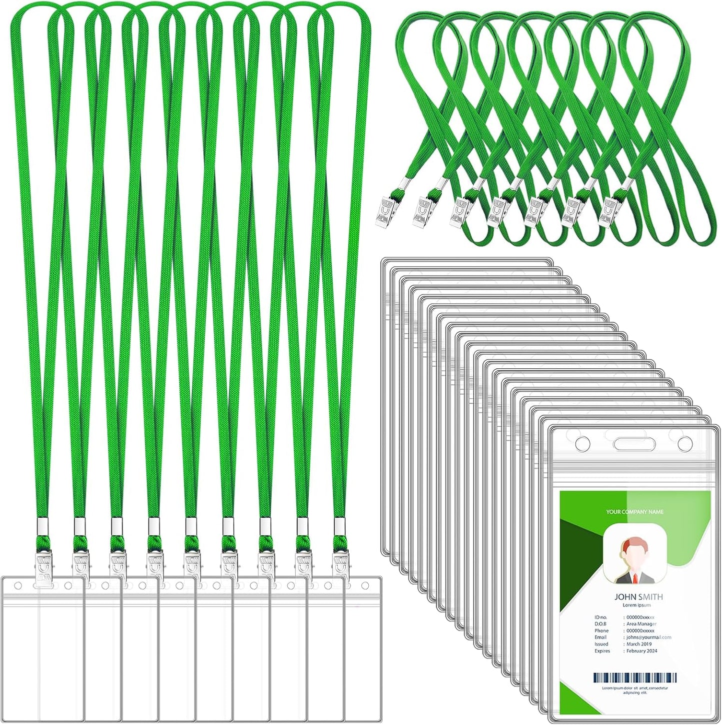 100 Sets Lanyards for Id Badges and Clear Plastic Vertical Name Badge ID Card Holders, Flat Neck Lanyards with Clip Waterproof Resealable Name Tag Badge ID Card Holders, Green