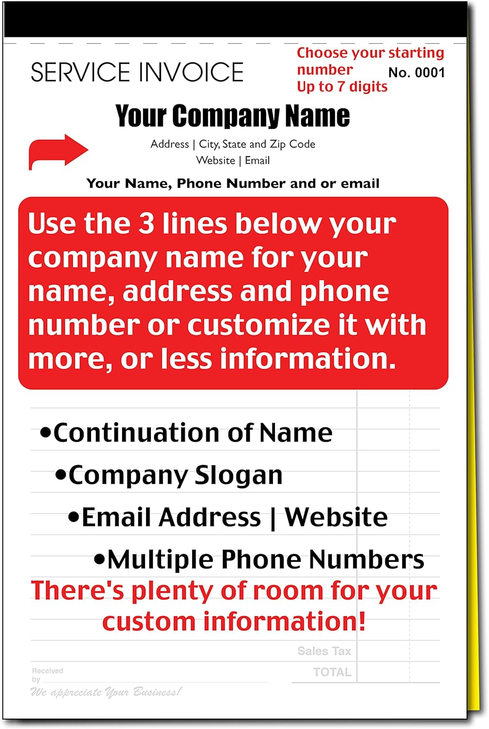 Custom Service Invoice Carbonless Form with Your Company Name - 2 Books (100 Sets) Numbered