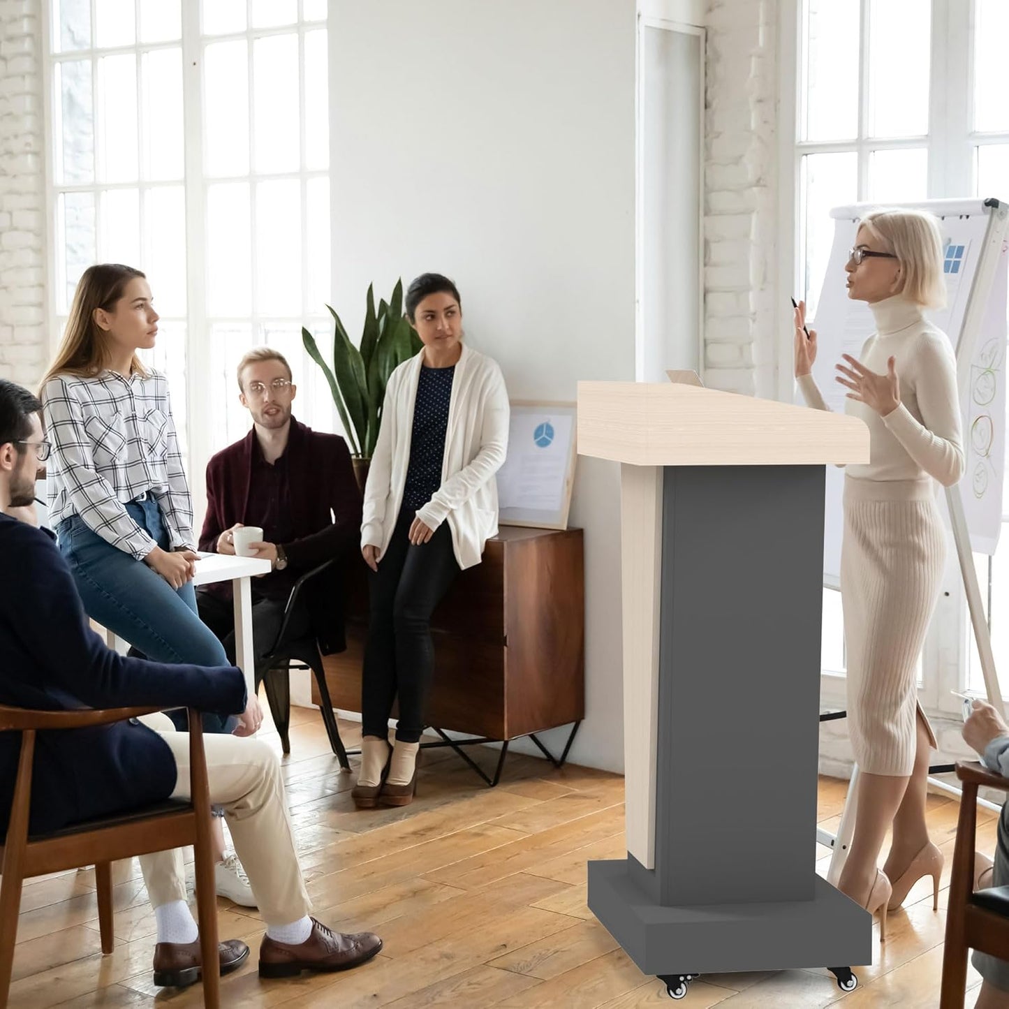 Wooden Podium Stand with Wheels, Stool and 2 Tier Storage, Lectern Presentation Church Classroom, 16MM Wood Board with Heavy Base (Black/Beige)
