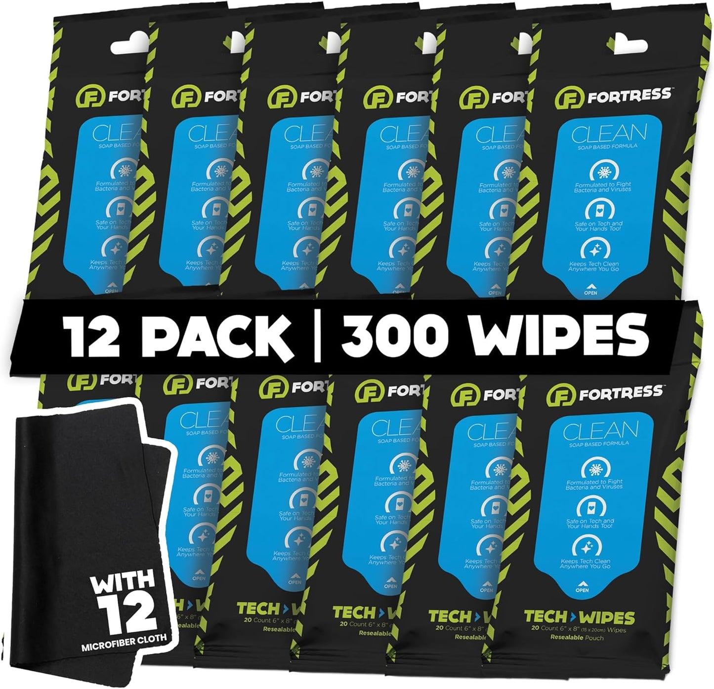 Fortress Electronic Wipes With Microfiber Cloth (25 ct, Pack of 12) To-Go Tech Wipes for Screens, Phones, Keyboards, TV Monitors, Computer Screens, and More [Travel Size] Skin-Safe