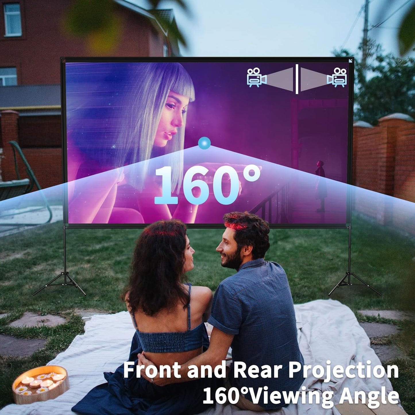 Projector Screen with Stand 100 Inch, 16:9 4K HD Portable Projector Screen Indoor Outdoor, Foldable Wrinkle-Free Movie Screen 160° Front Rear Projection Screen with Carry Bag for Home Movie