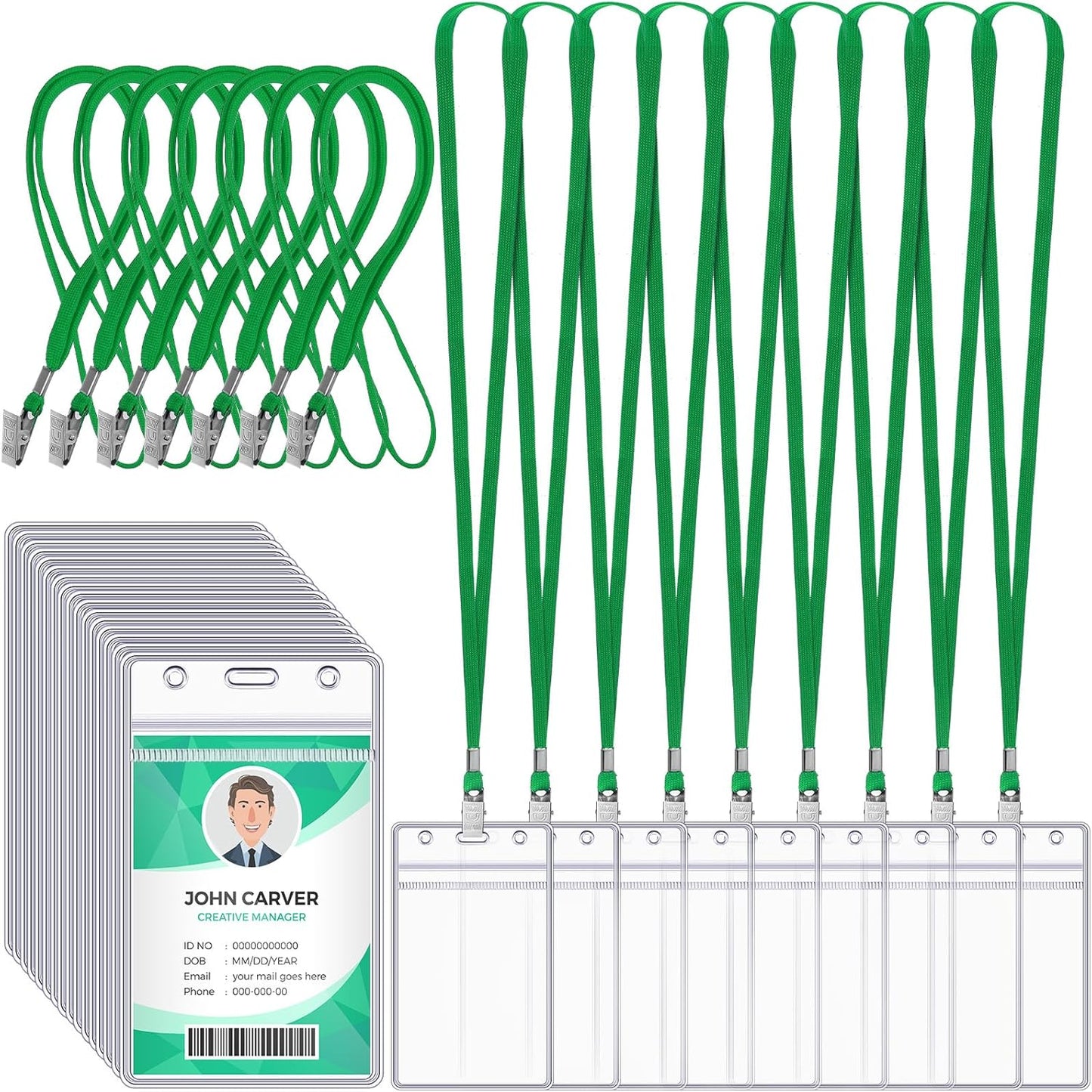 Marspark 100 Pcs Name Tag Lanyards with ID Holder Lanyards for ID Badges Resealable Flat Neck Name Tag with Clip Waterproof Plastic Clear Badges Bulk for School Office Supplies (Dark Green)