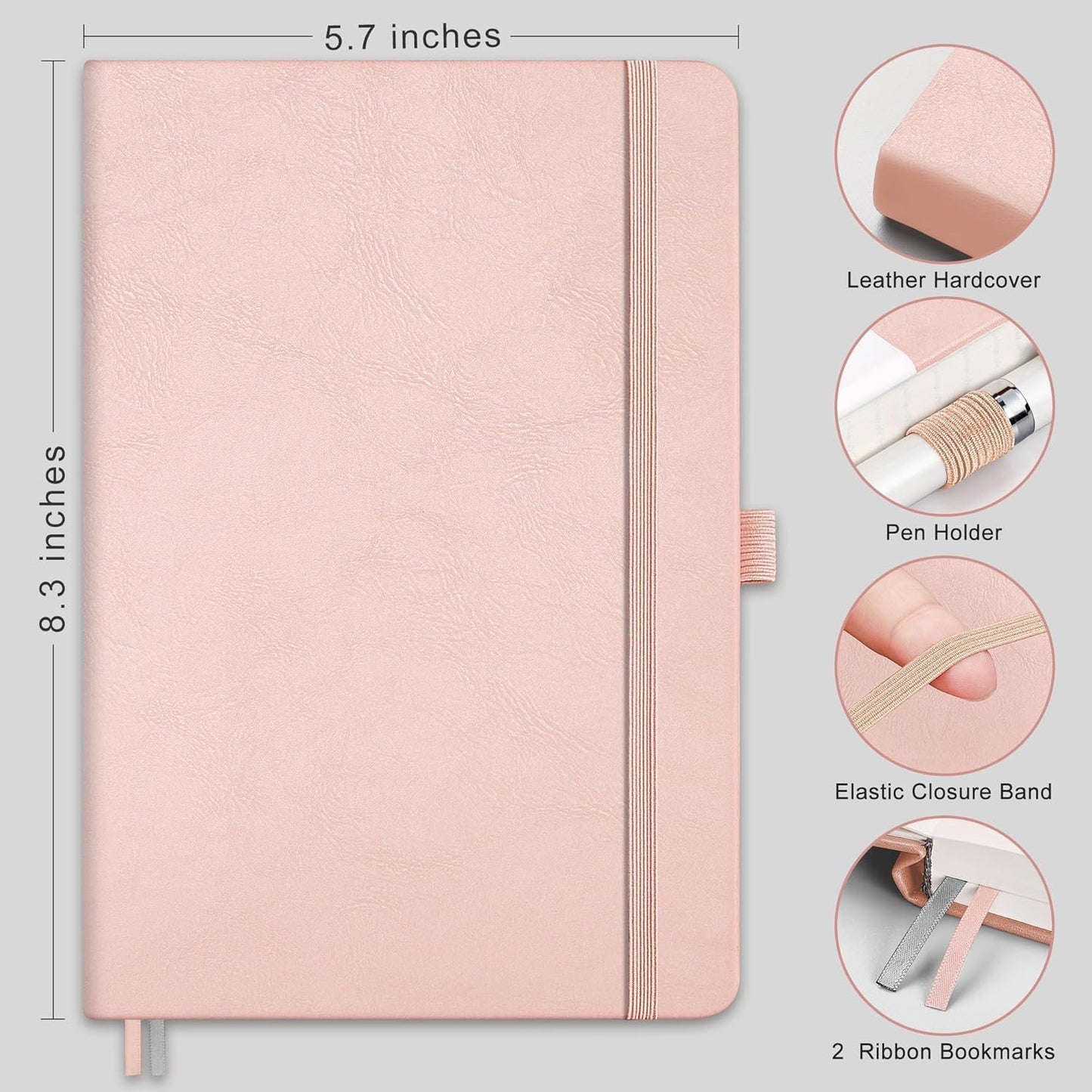 RETTACY Lined Journal Notebook, 192 Numbered Pages, A5 Medium Size (5.7'' x 8.3''), for Men & Women, Journaling, Writing, Work & Office, Leather Hardcover, 100 GSM Thick Paper (Rose Gold)