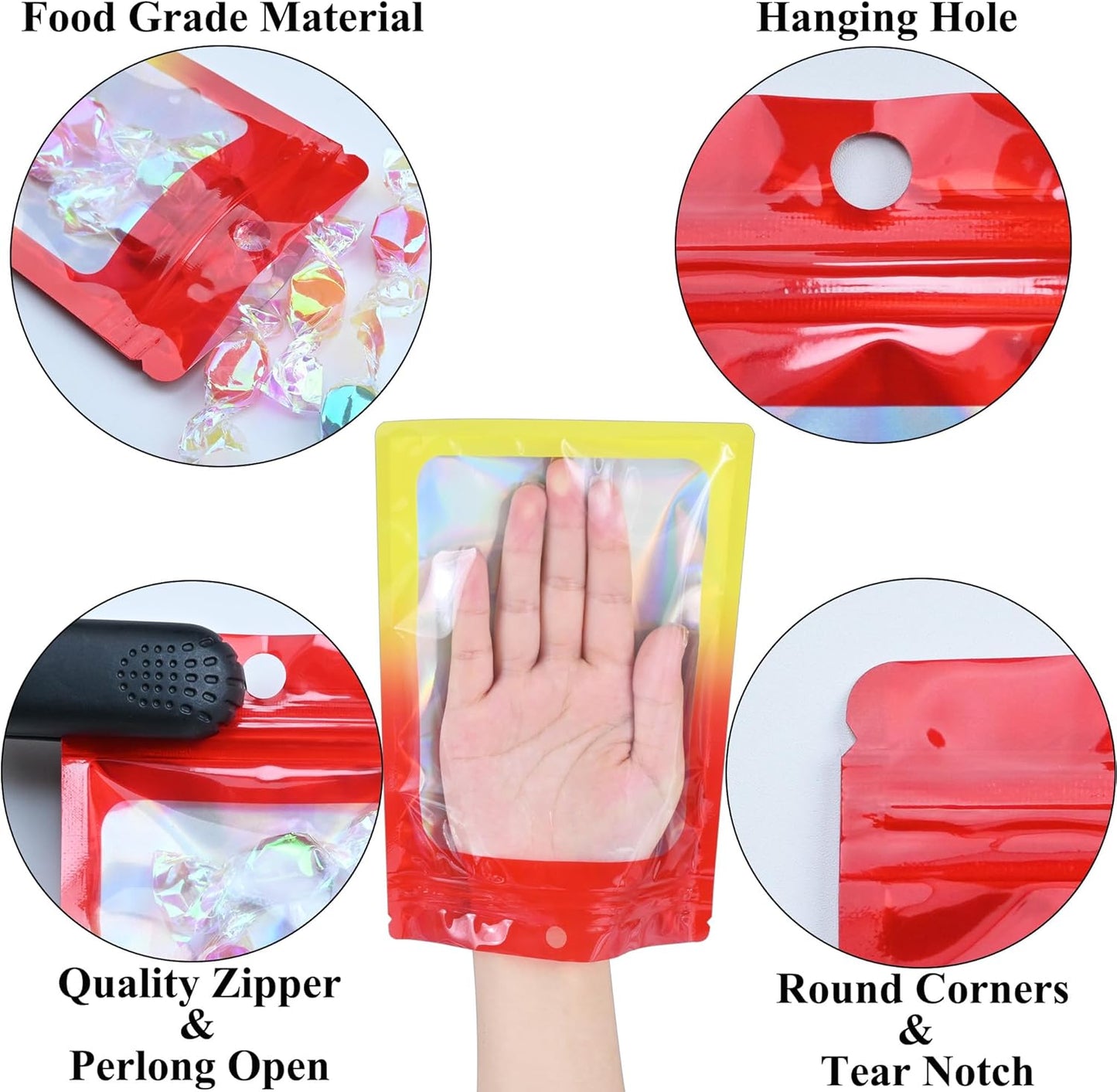 Resealable Mylar Pouch Bag Great for Office Home Party Favor Food Storage (100PCS, Red and Yellow Color, 5.5 x 8 inch)