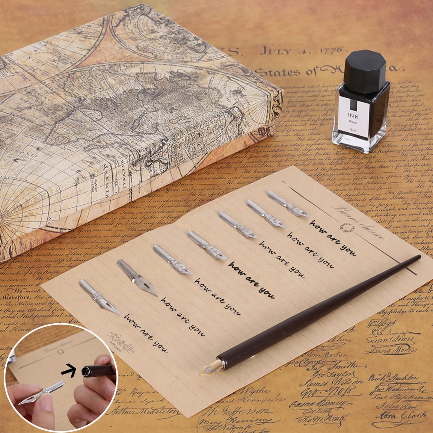 Vintage Quill Pen Ink Set,Feather Quill Pens with Wooden Calligraphy Pen, Including 7 Different Sizes of Nib, Calligraphy Pen Set Gift & Women and Man(Grey)