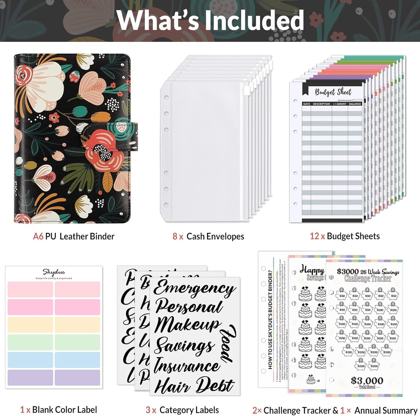 SKYDUE Budget Binder with 8Pcs Cash Envelopes, 12Pcs Expense Budget Sheets, 2Pcs Challenge Trackers, and Category Labels - Budget Binder & Challenges Book Combo for Saving Money