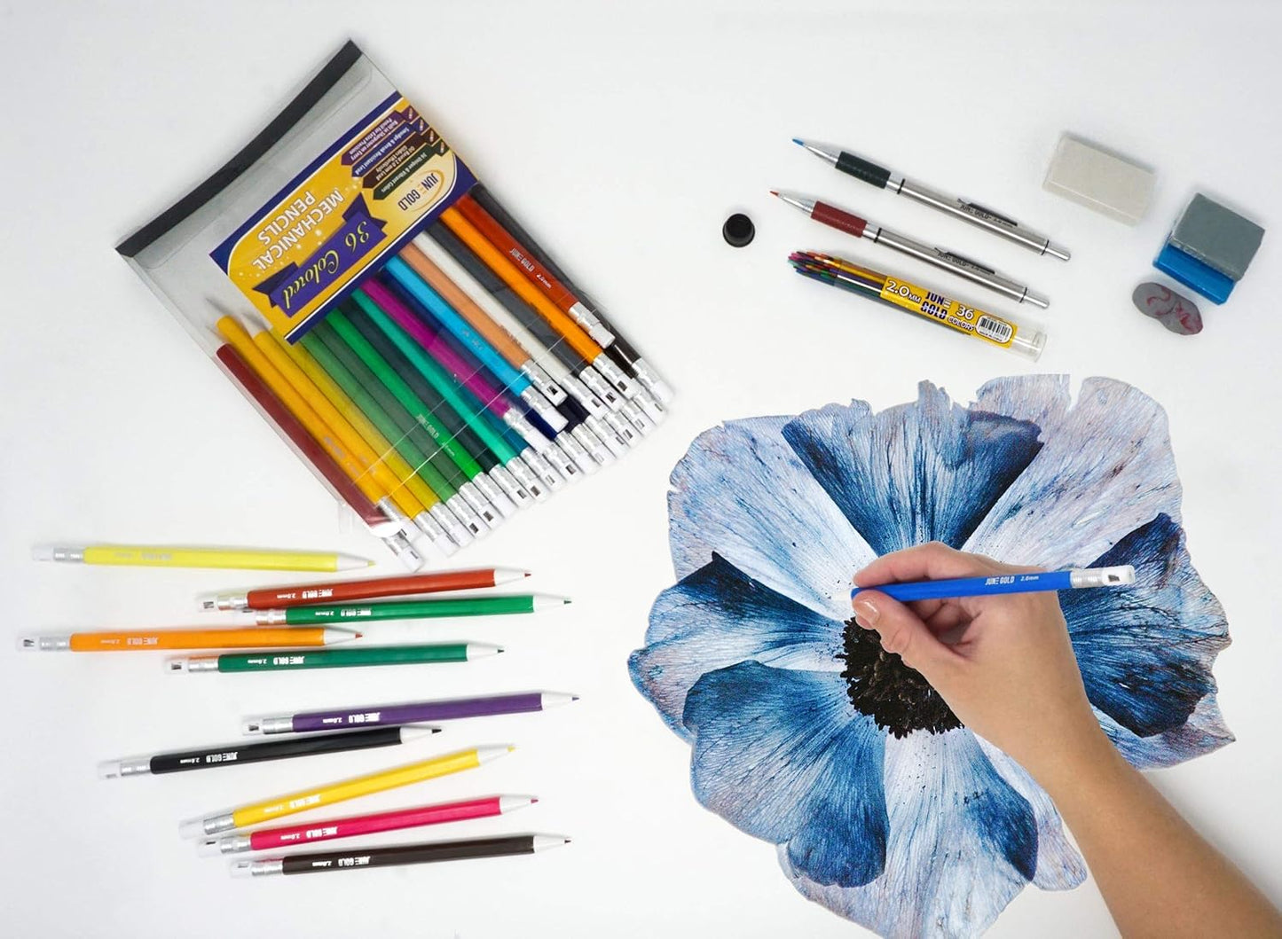 June Gold 36 Assorted Colored 2.0 mm Mechanical Pencils with 36 Unique Color Leads, 36 Extra Refills, 2 Independent Sharpeners, Color Name is Printed on Each Pencil Barrel, Built in Rear Sharpener