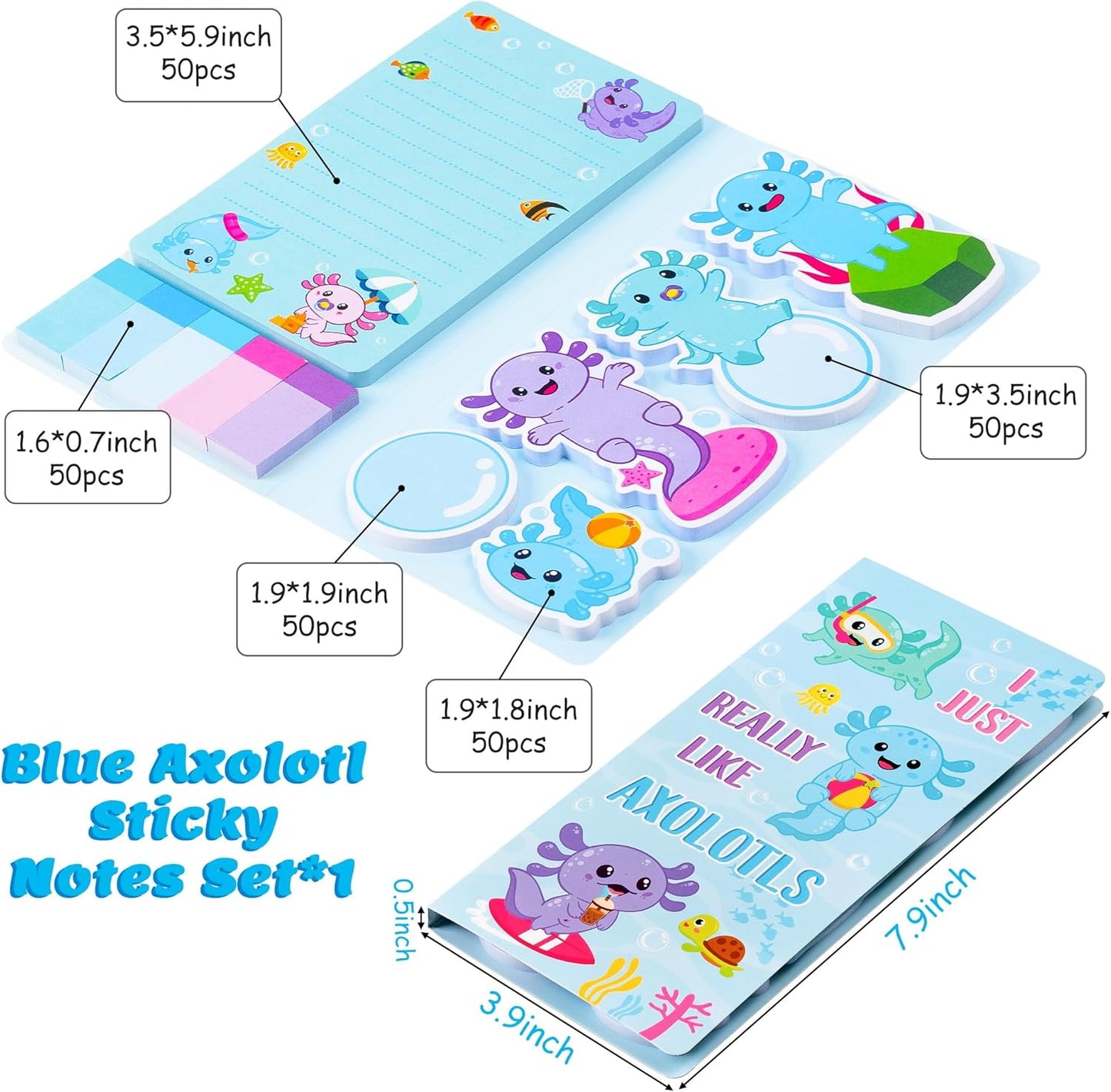 Xqumoi I Just Really Like Axolotl Sticky Notes Set, Animal Mexican Walking Fish Shaped Self-Stick Notes Pads Writing Memo Pad Page Marker Bookmarks Back to School Office Supplies Party Favors (Blue)