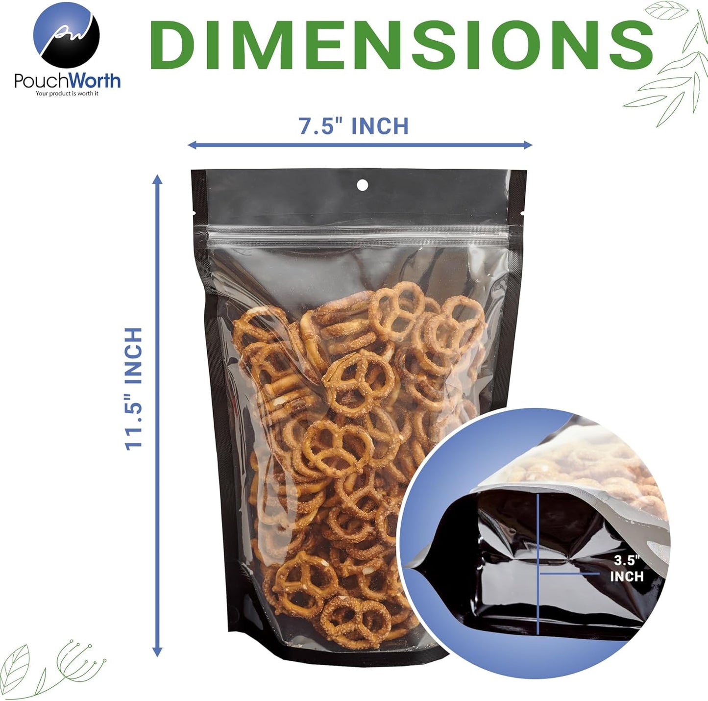 100 Pack 7.5"x11.5" Clear/Black Resealable Stand Up Pouch Bags Mylar Food Packaging with Clear Window and Tear Notches