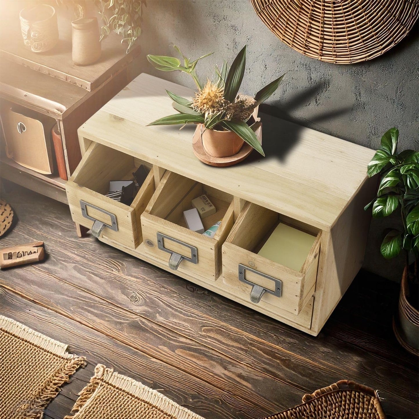 Flexzion Apothecary Cabinet with 4 Drawers - Vintage Natural Wood Desktop Organizer for Home & Office Supplies - Tabletop Wooden Storage for Catalog, Card, Jewelry, Makeup, Craft & Tools
