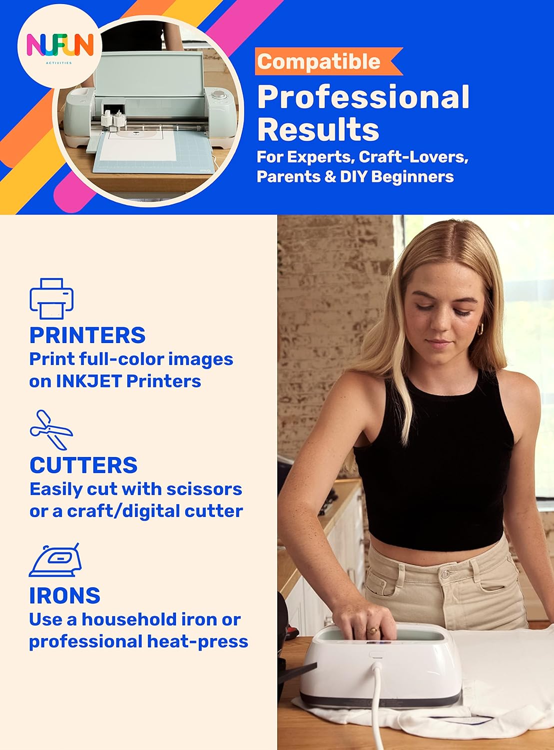 NuFun Activities Printable Iron-on Heat Transfer Paper for T Shirts, Light Fabrics, 25 Sheets 8.5 x 11 inch, Long Lasting, Durable, Professional Quality, Easy DIY, Non-Toxic, Made In the USA