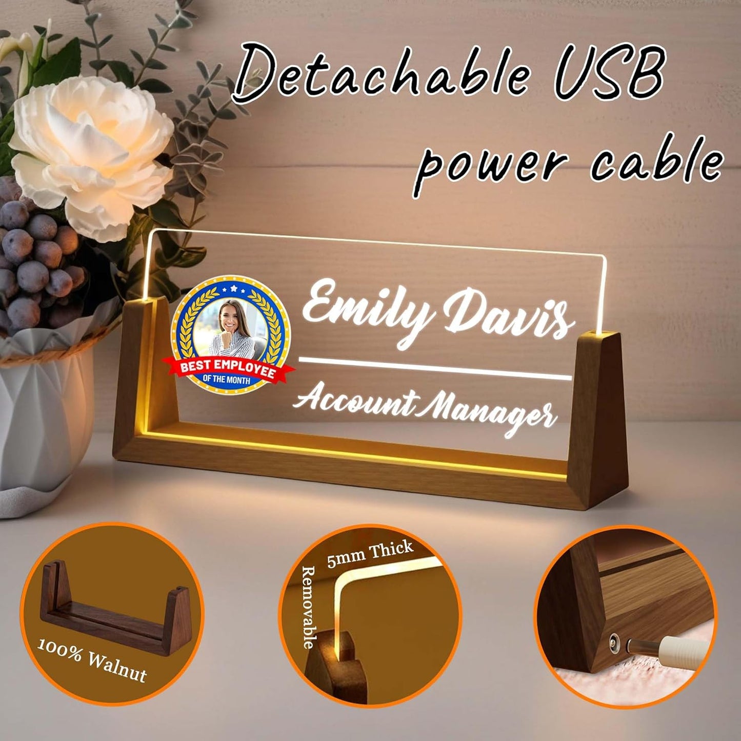 Personalized Desk Name Plate with LED Light & Wooden Base, Custom Acrylic Name Sign | Custom Office Decor & Appreciation Gifts for Boss Coworkers, New Job Promotion Gift (Style 3)