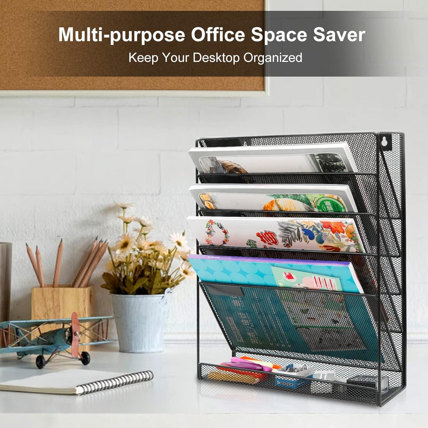 EasyPAG Wall File Holder 5 Tier Vertical Hanging File Organizer Wall Mount Paper Folder Rack with Bottom Flat Tray for Office and Home,Black
