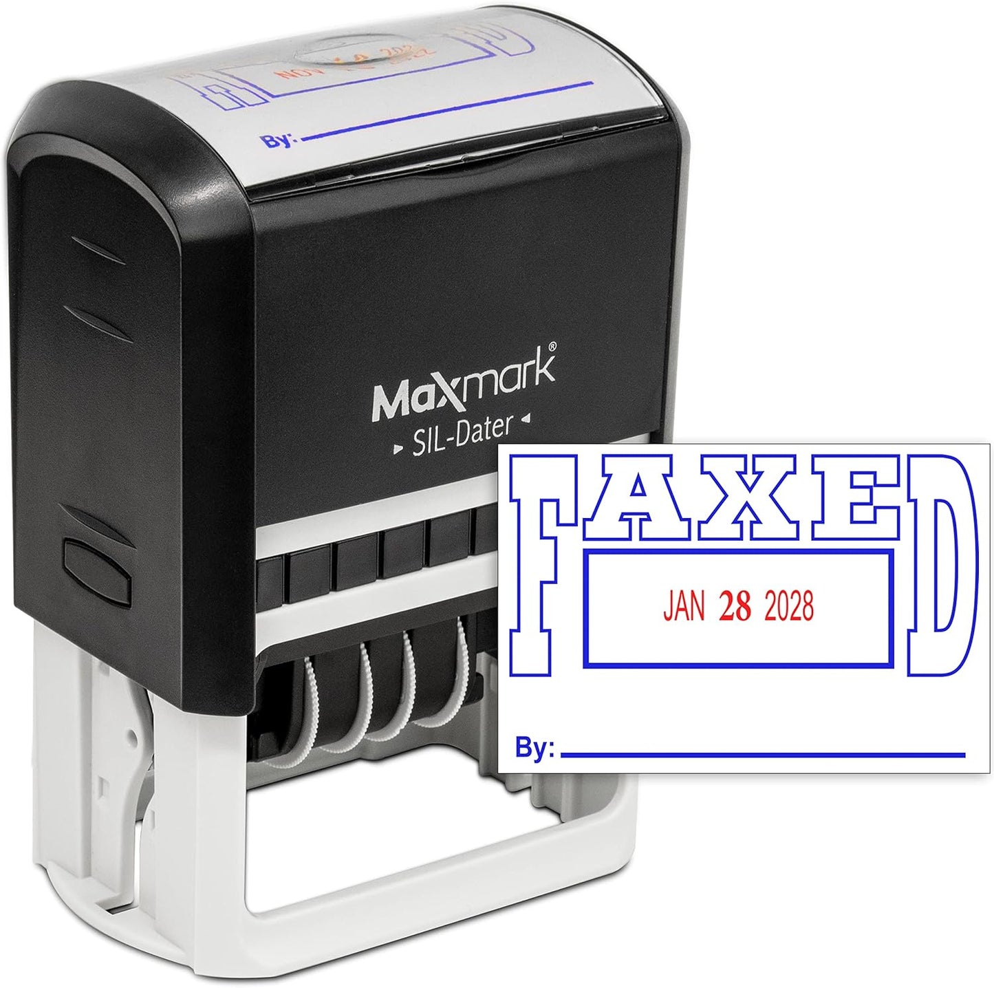 MaxMark Large Self-Inking Rubber Date Office Stamp with Faxed Phrase & Date - Blue/Red Ink, 12-Year Band - Style 5