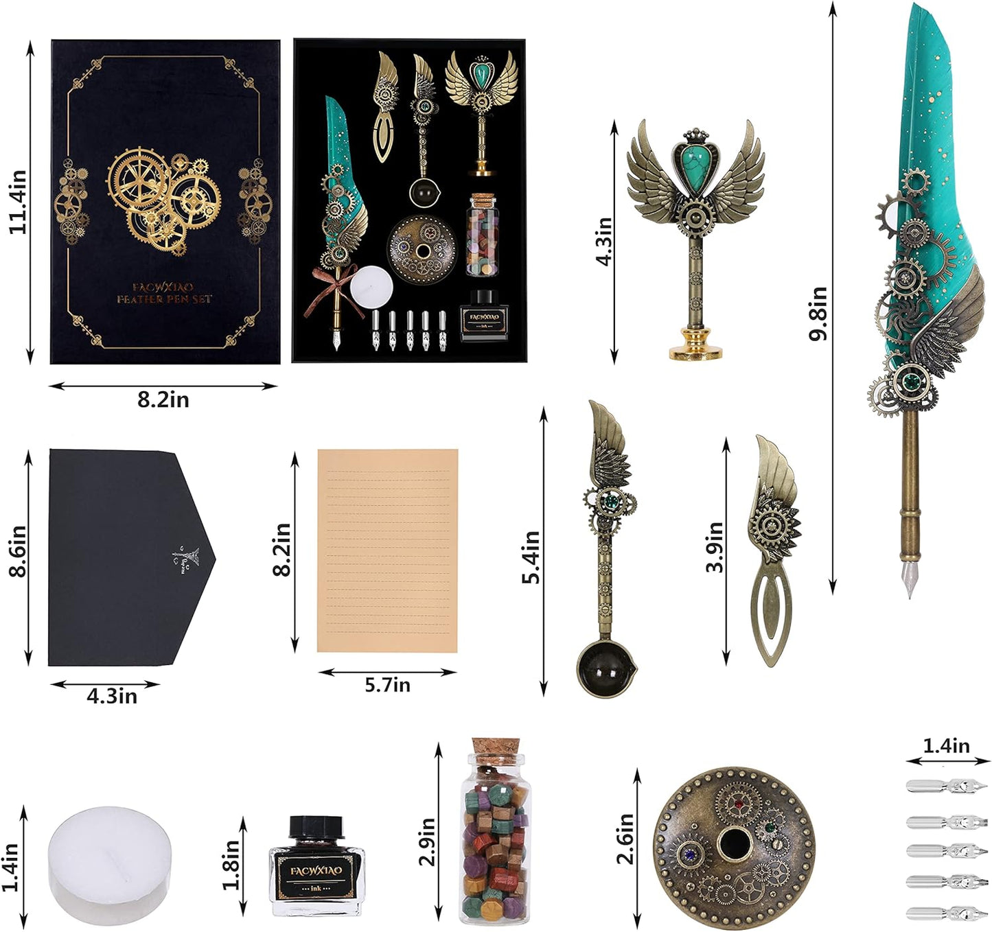 Quill Pen Set, Green, Feather Pen, Ink, Bookmarks, Seals, Nibs, Wax Bead, Envelopes, Writing Paper, Gift Box