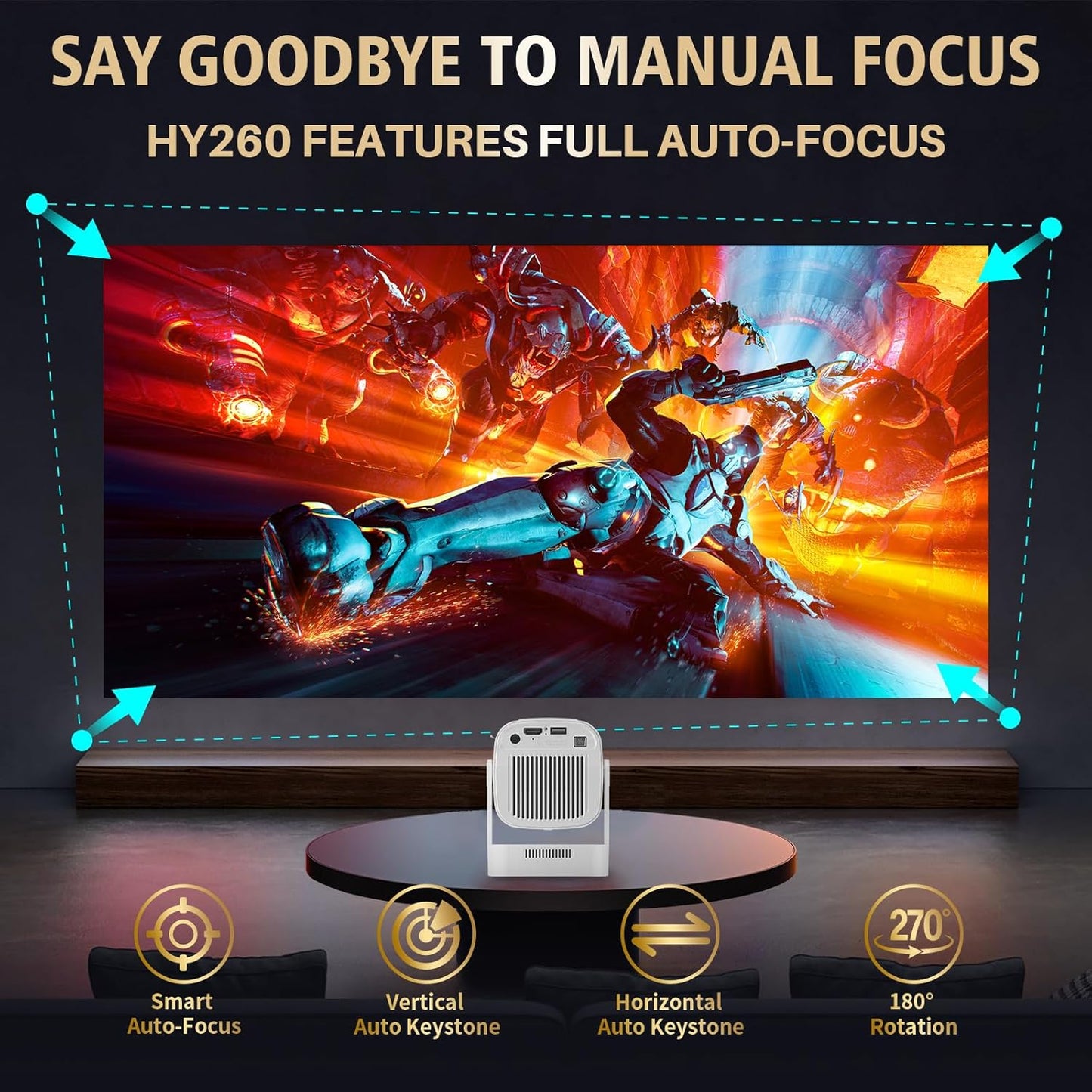 Mini Projector with WiFi and Bluetooth, 4K Full HD 1080P 200ANSI, 180° Rotatable Portable Projector, Auto Focus Movie Projector, Compatible with Smartphone, TV Stick, Laptop, HDMI, USB
