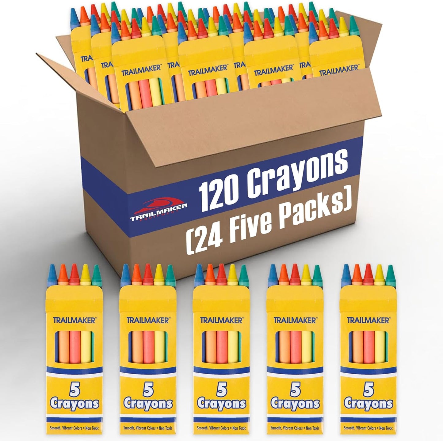 Trail maker Wholesale Bright Wax Coloring Crayons in Bulk 24 Pack, 5 Per Box in Assorted Bundle Art Sets (24 Pack)