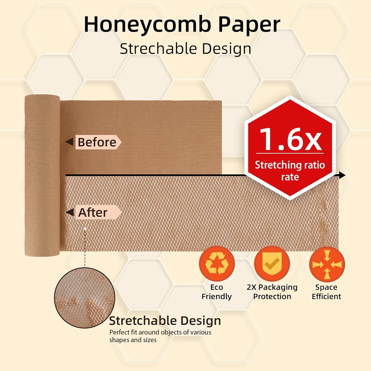 Honeycomb Packing Paper 15"x315' Roll with Fragile & Labeling Stickers, Gloves - Bubble Wrap for Moving,Products & Gifts Wrapping Paper, Recyclable & Biodegradable Cushioning Packing Material.