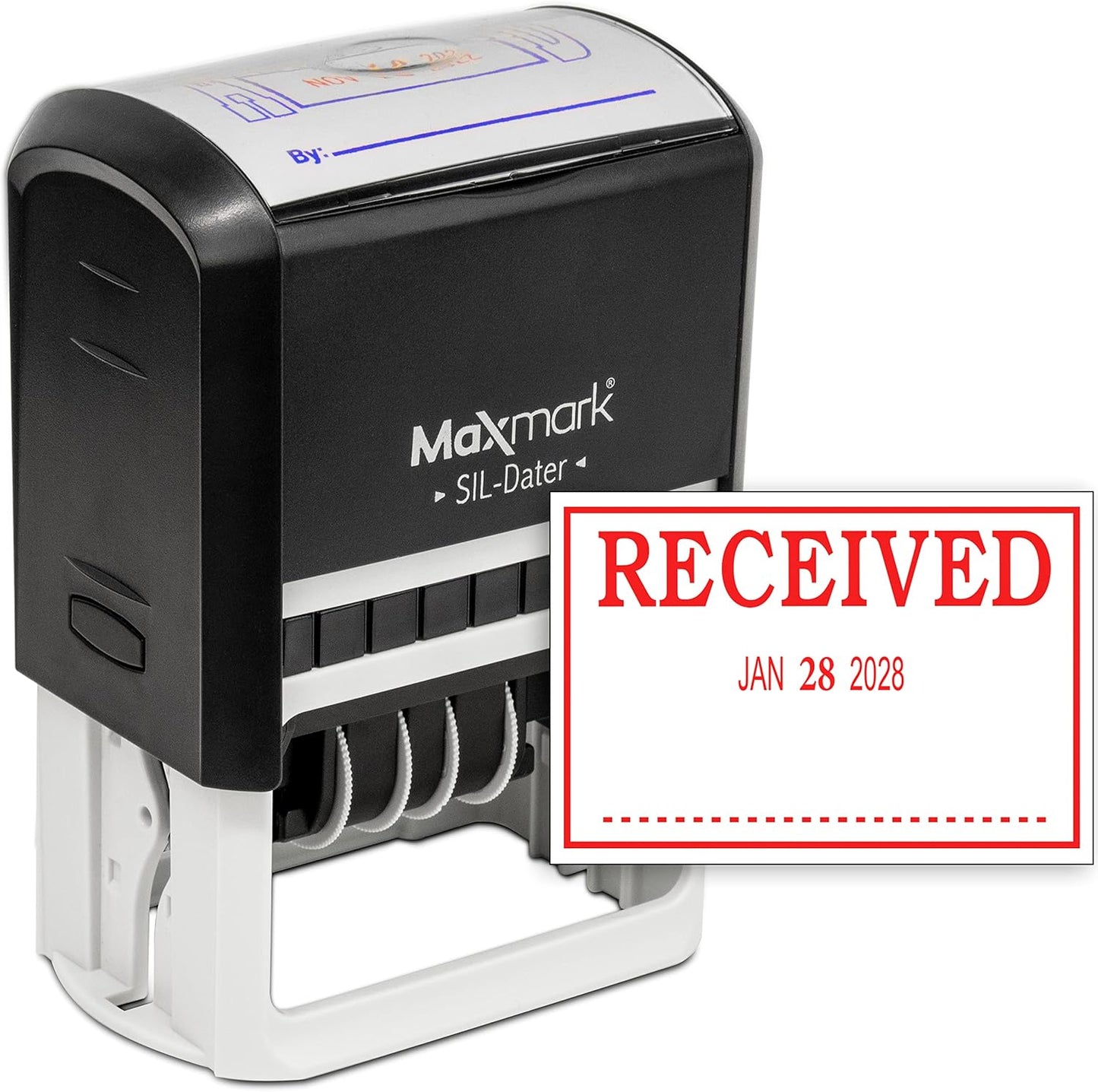 MaxMark Large Self-Inking Rubber Date Office Stamp with Received Phrase & Date - Red Ink, 12-Year Band - Style 3