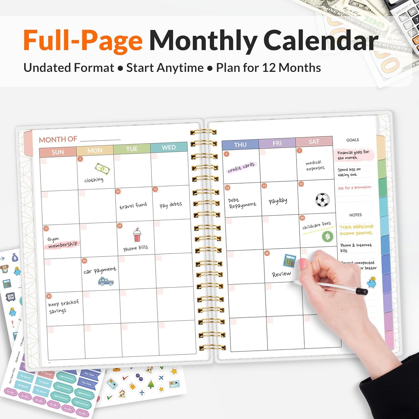 SUNEE Budget Planner - Deluxe Monthly Budget Book with 12-Pockets for Bill Organizer, Undated 12 Month Expense Tracker Notebook & Account Book B5 Size (8" x 10") to Manage Your Finance Planner, Blue
