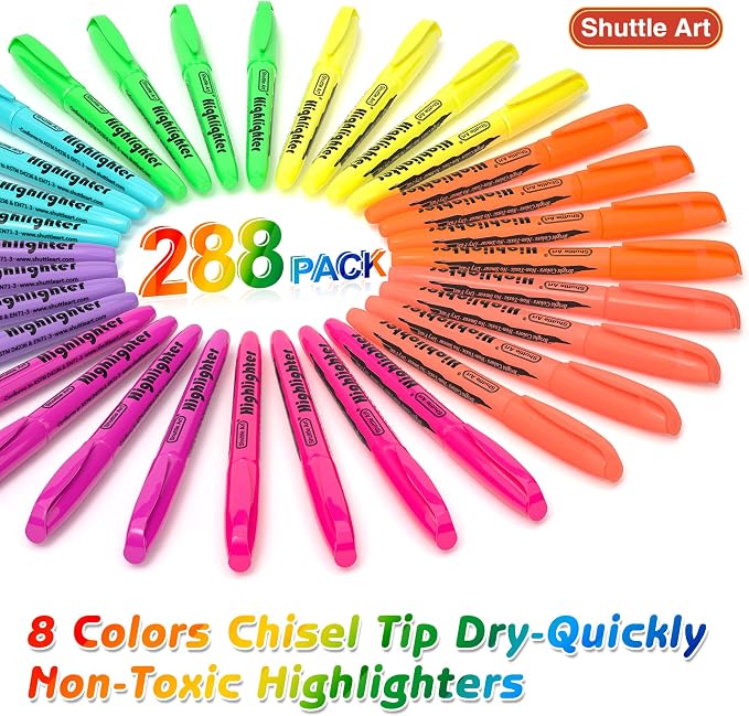Shuttle Art 288 Pack Highlighters, Highlighters Assorted Colors Set, 8 Bright - Image 2