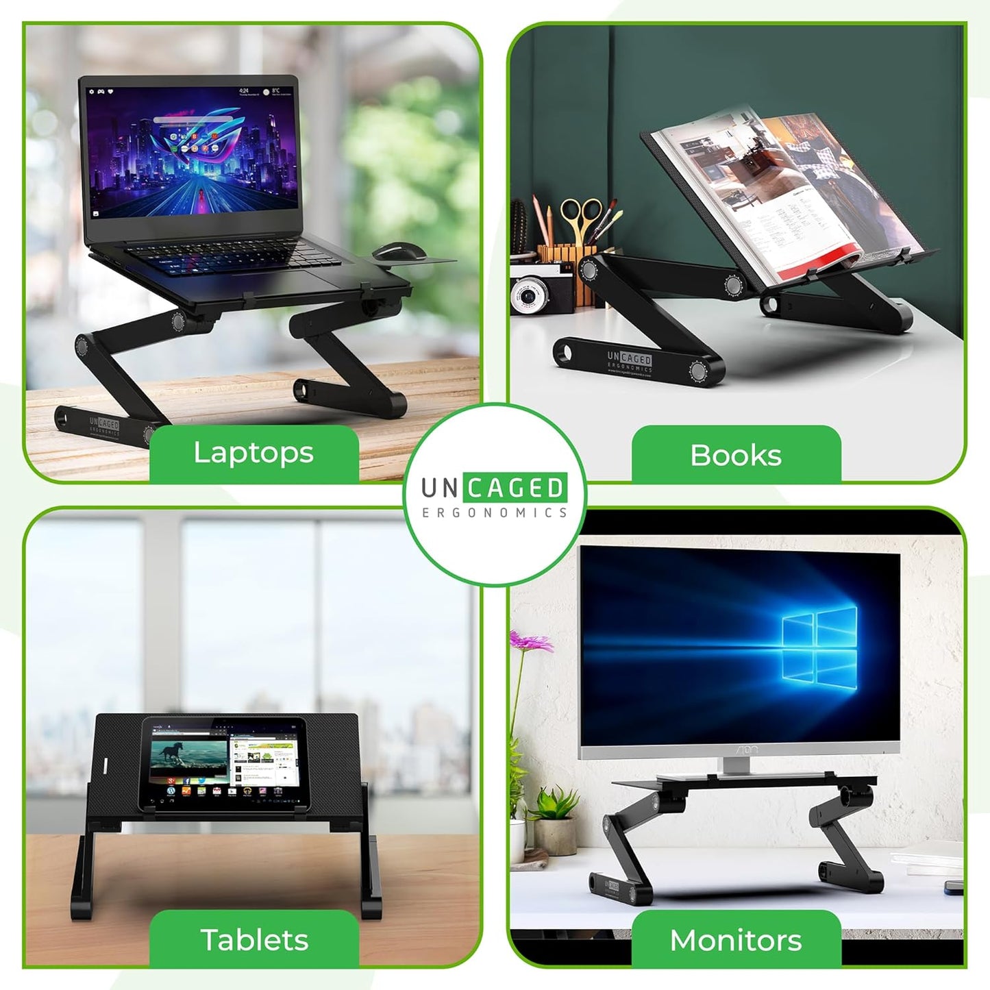 Uncaged Ergonomics WorkEZ Adjustable Laptop Stand for Desk, Laptop Stand Adjustable Height, Foldable Aluminum Cooling Computer Holder & Riser for Desk Bed, Black, XL
