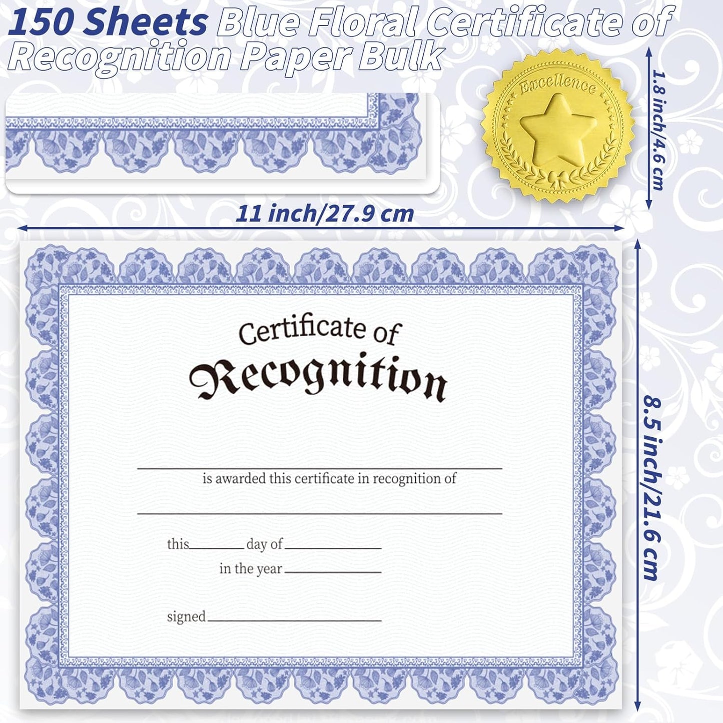 150 Pcs Blue Floral Certificate of Recognition Paper 8.5 x 11 In with Gold Foil Sticker Seals Prestige Certificate Award Paper Bundle Printable for Recognition Graduation Achievement Appreciation